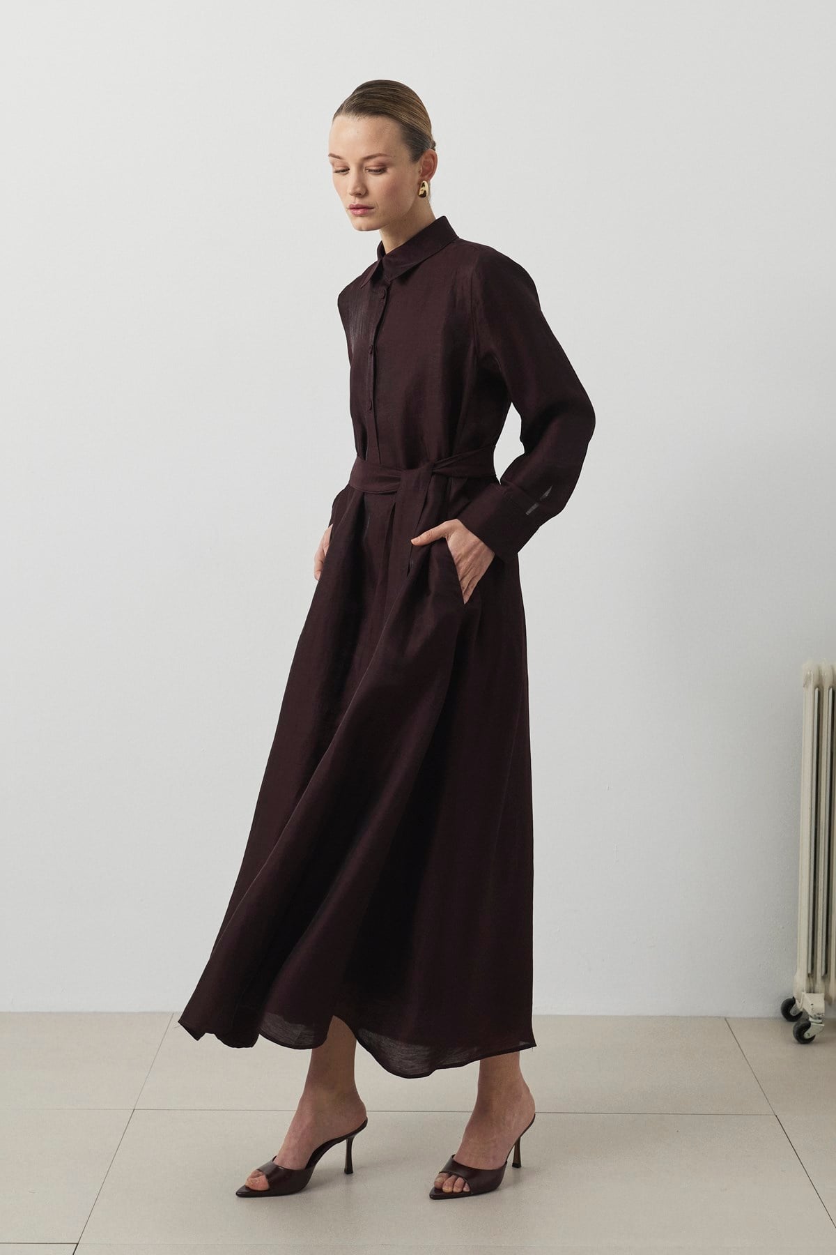 MAYA LYOCELL KETEN BOL KESİM ELBİSE BORDO