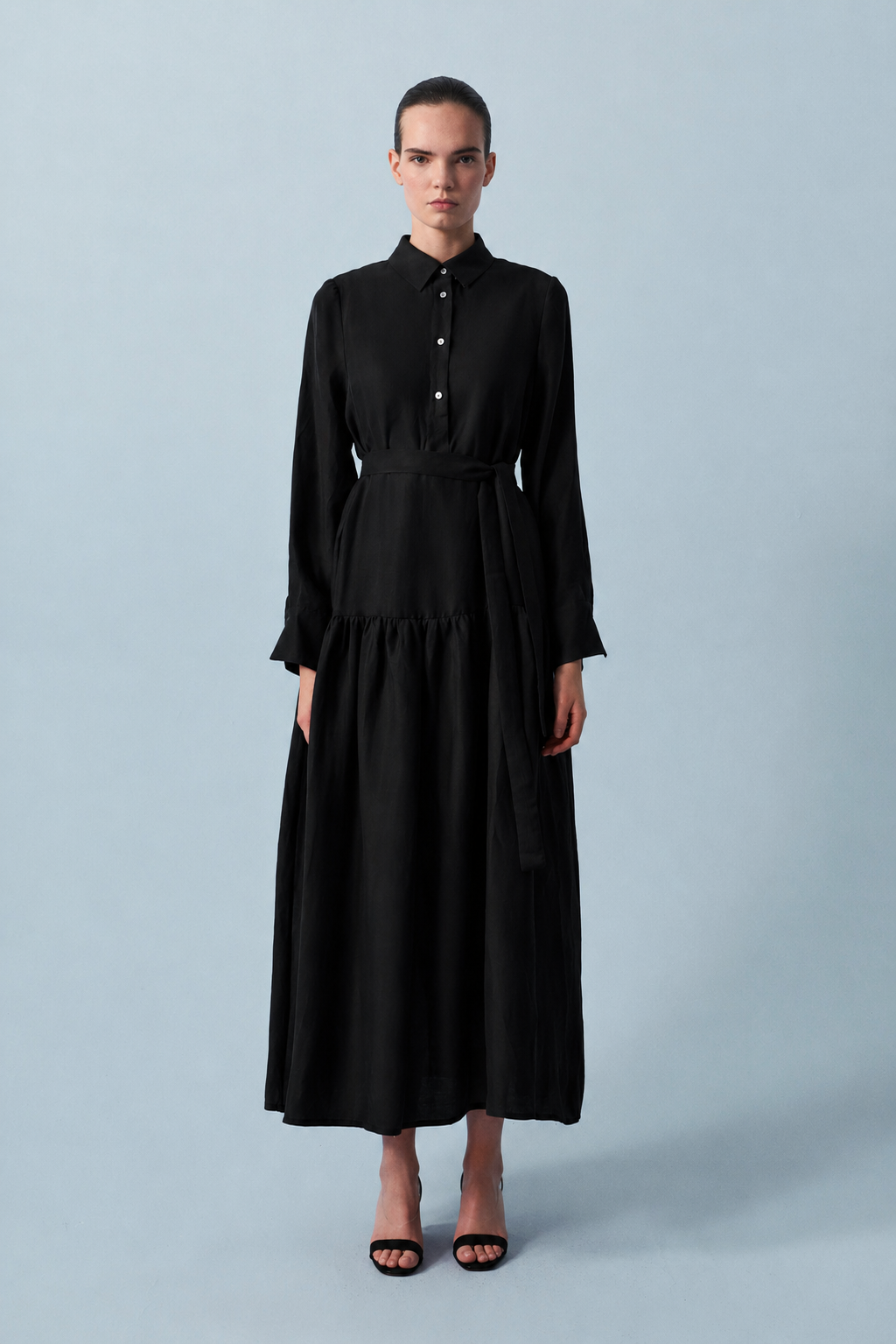 MAYA LYOCELL KETEN BÜZGÜ DETAY ELBİSE SİYAH