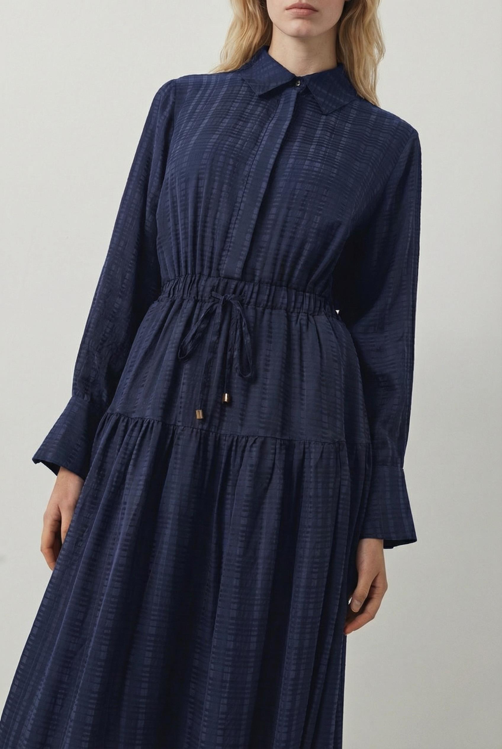 MAYER KENDİNDEN DESENLİ GÖMLEK ELBİSE LACİVERT