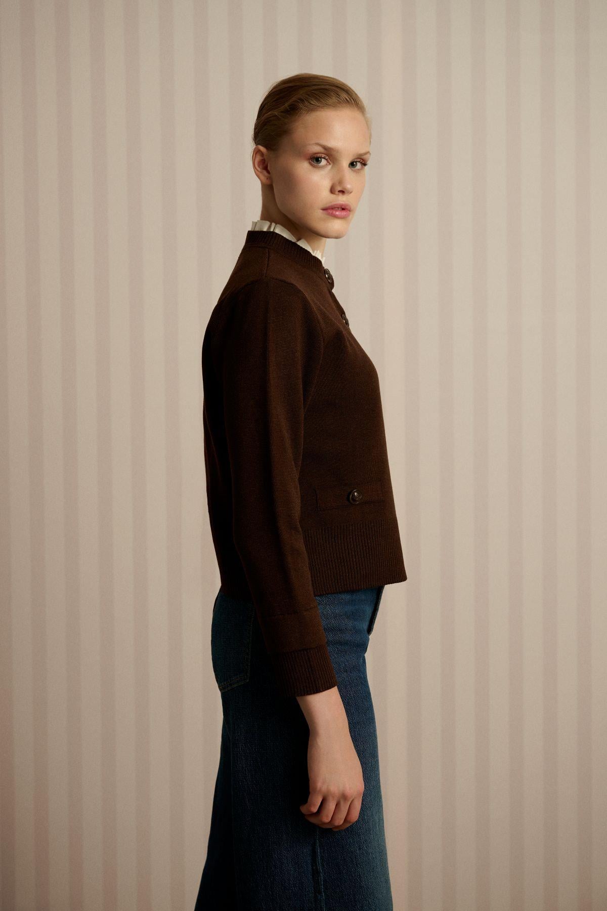 MEVA SHIRT COLLAR KNIT CARDIGAN BROWN