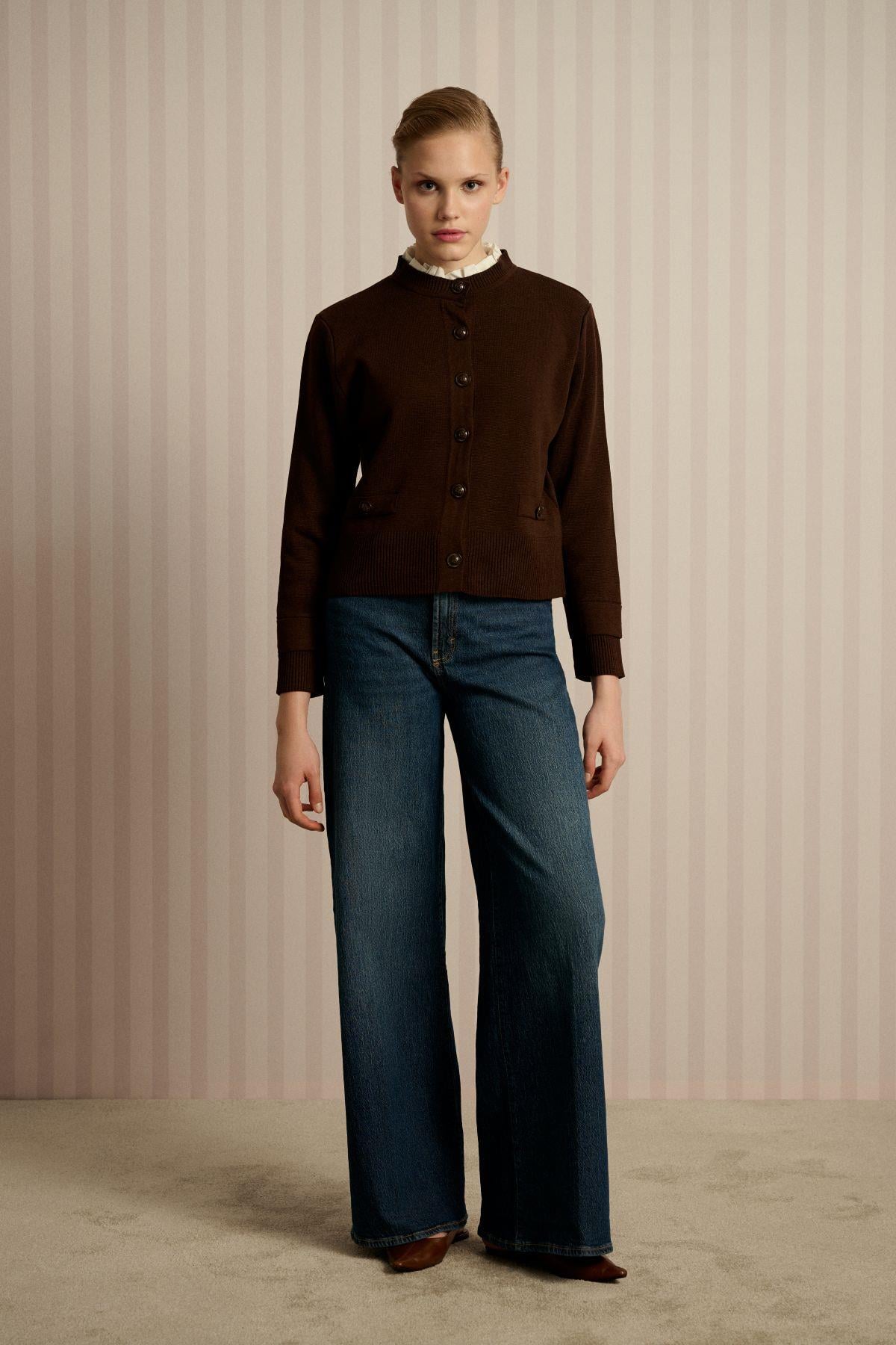 MEVA SHIRT COLLAR KNIT CARDIGAN BROWN