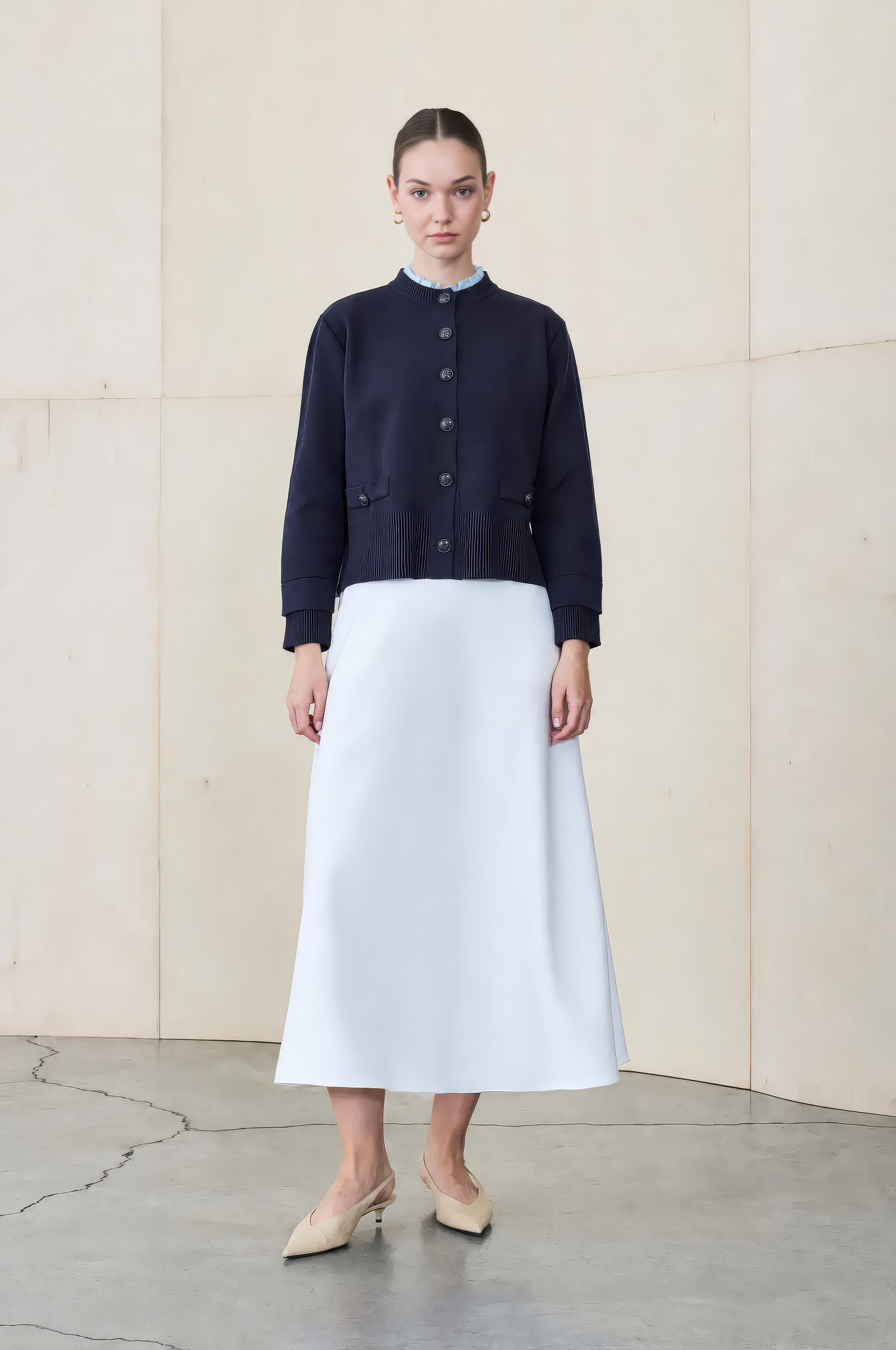 MEVA SHIRT COLLAR KNIT CARDIGAN NAVY BLUE