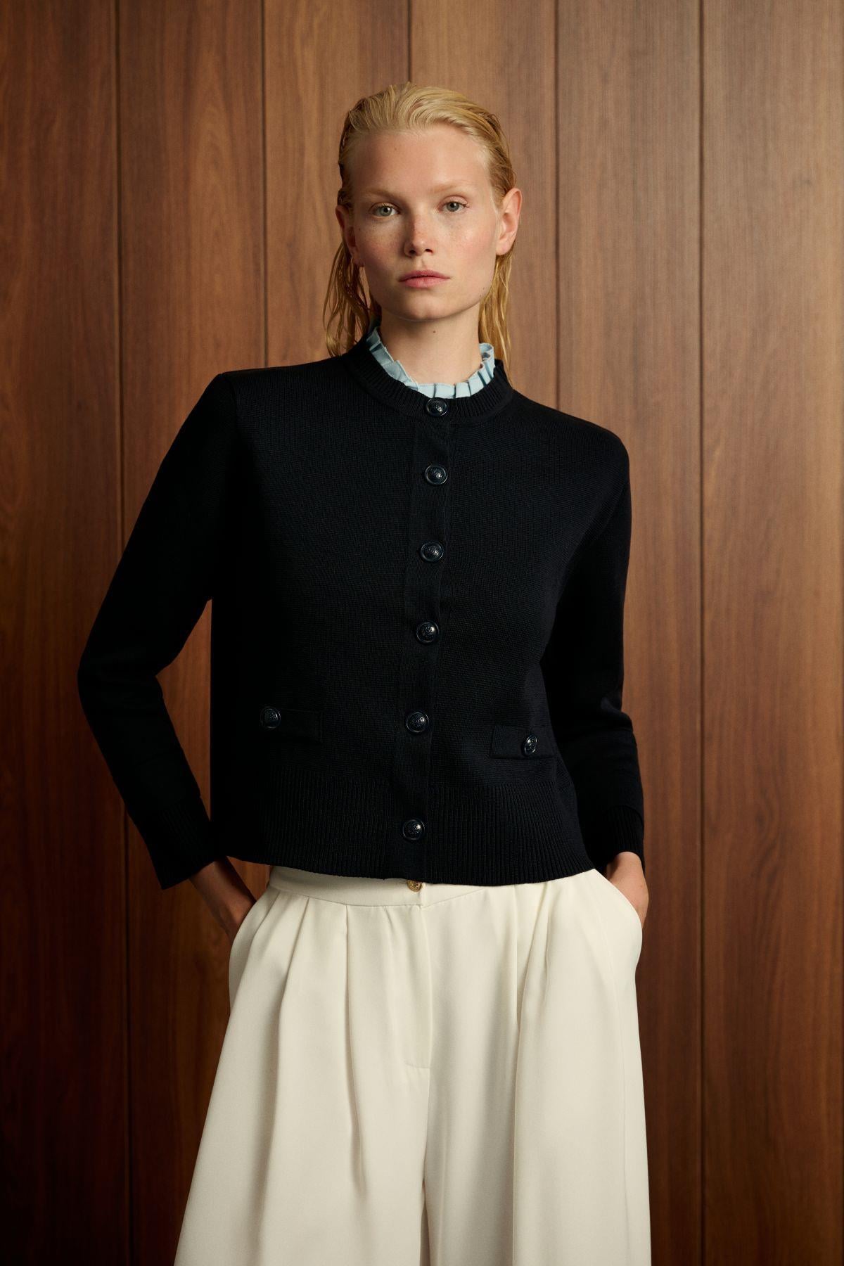 MEVA SHIRT COLLAR KNIT CARDIGAN NAVY BLUE