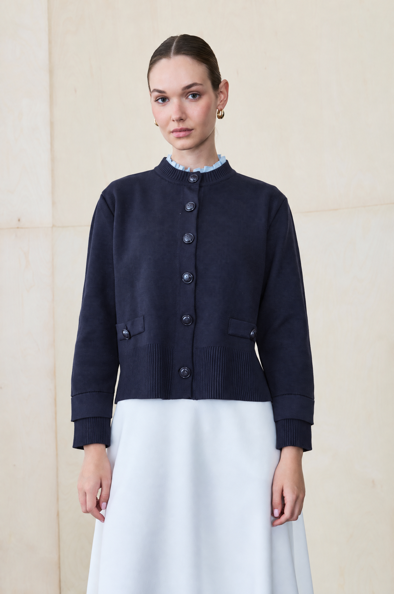 MEVA SHIRT COLLAR KNIT CARDIGAN NAVY BLUE