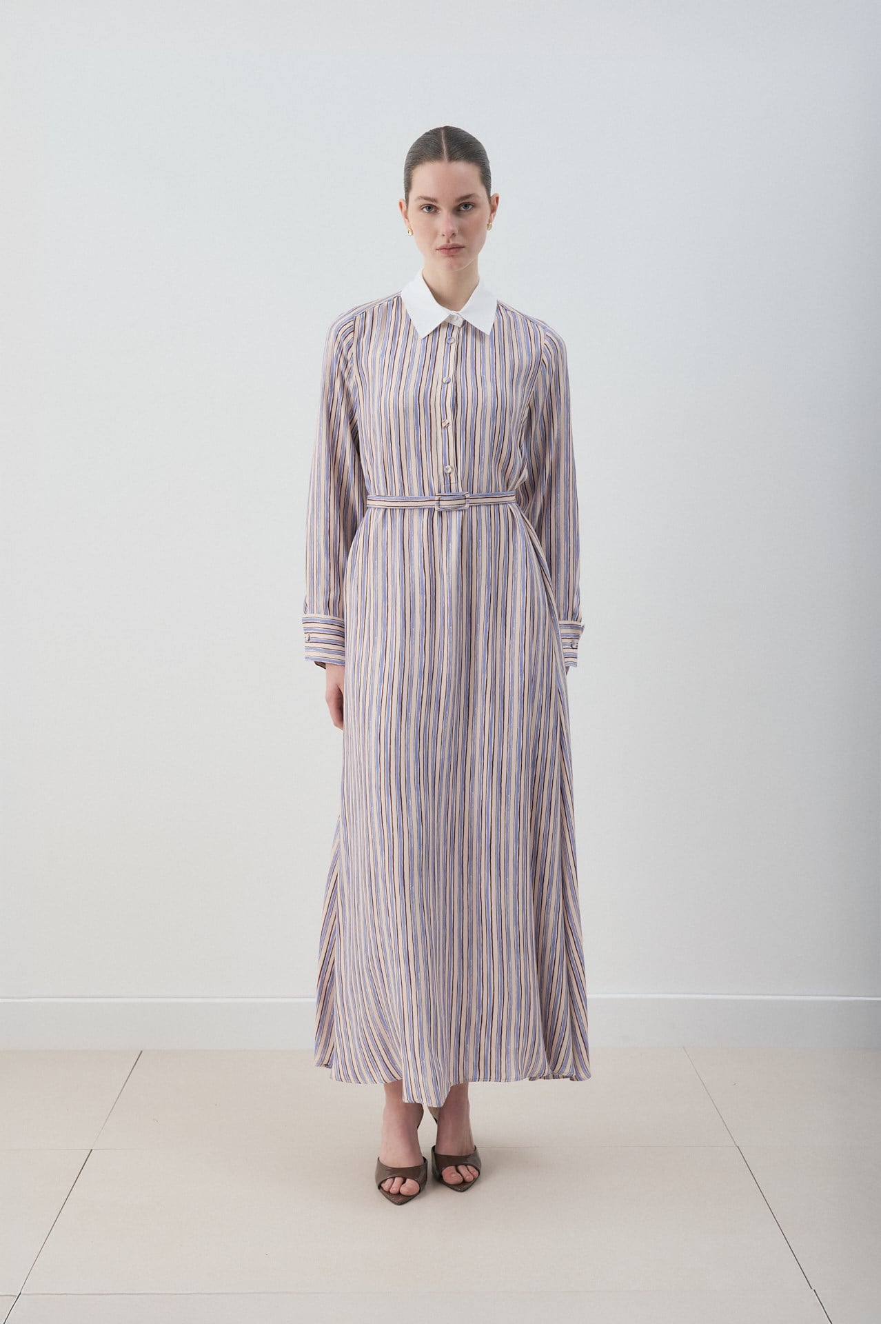 MİORİ ETNA RAYON VİSKON ELBİSE MAVİ-KAHVE