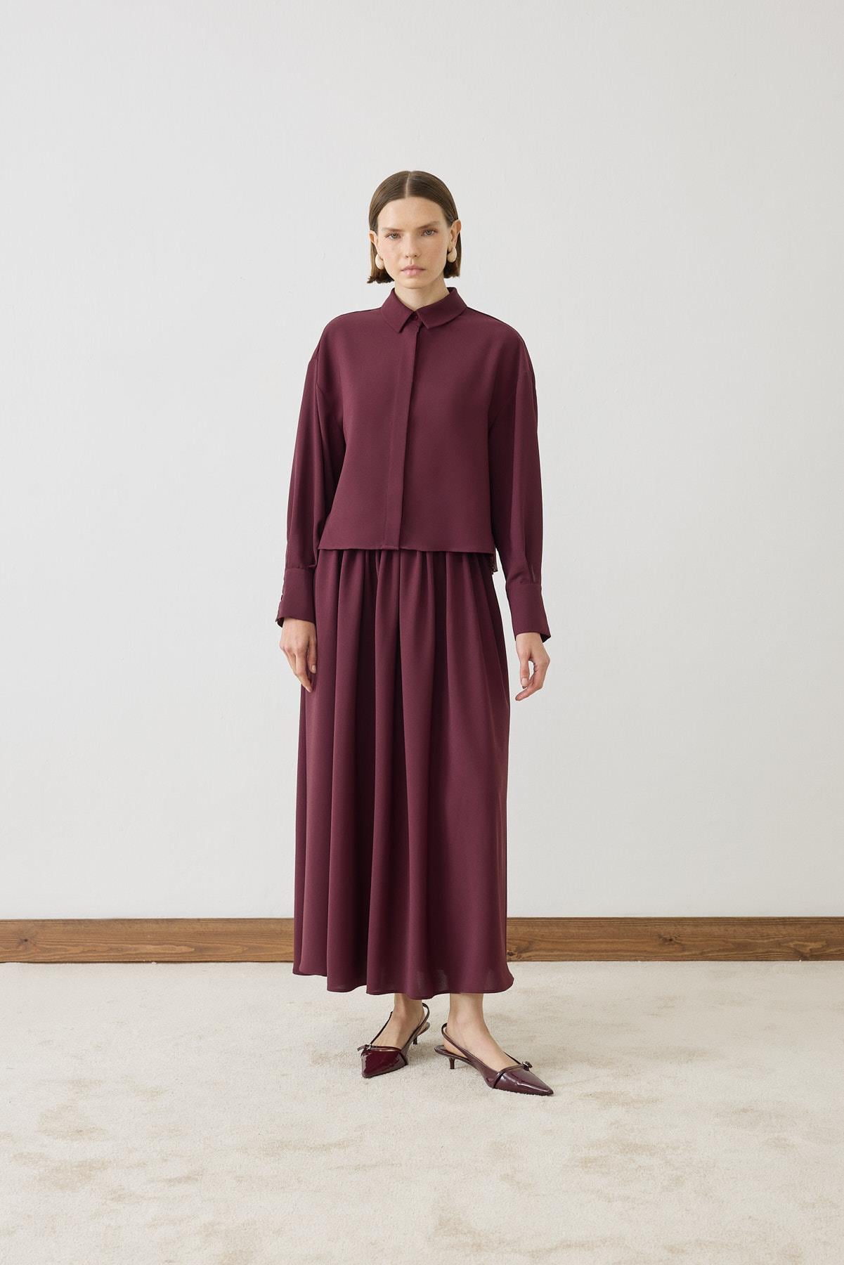MIORI LINZA CREPE PLEATED SHIRT SKIRT SET BURGUNDY