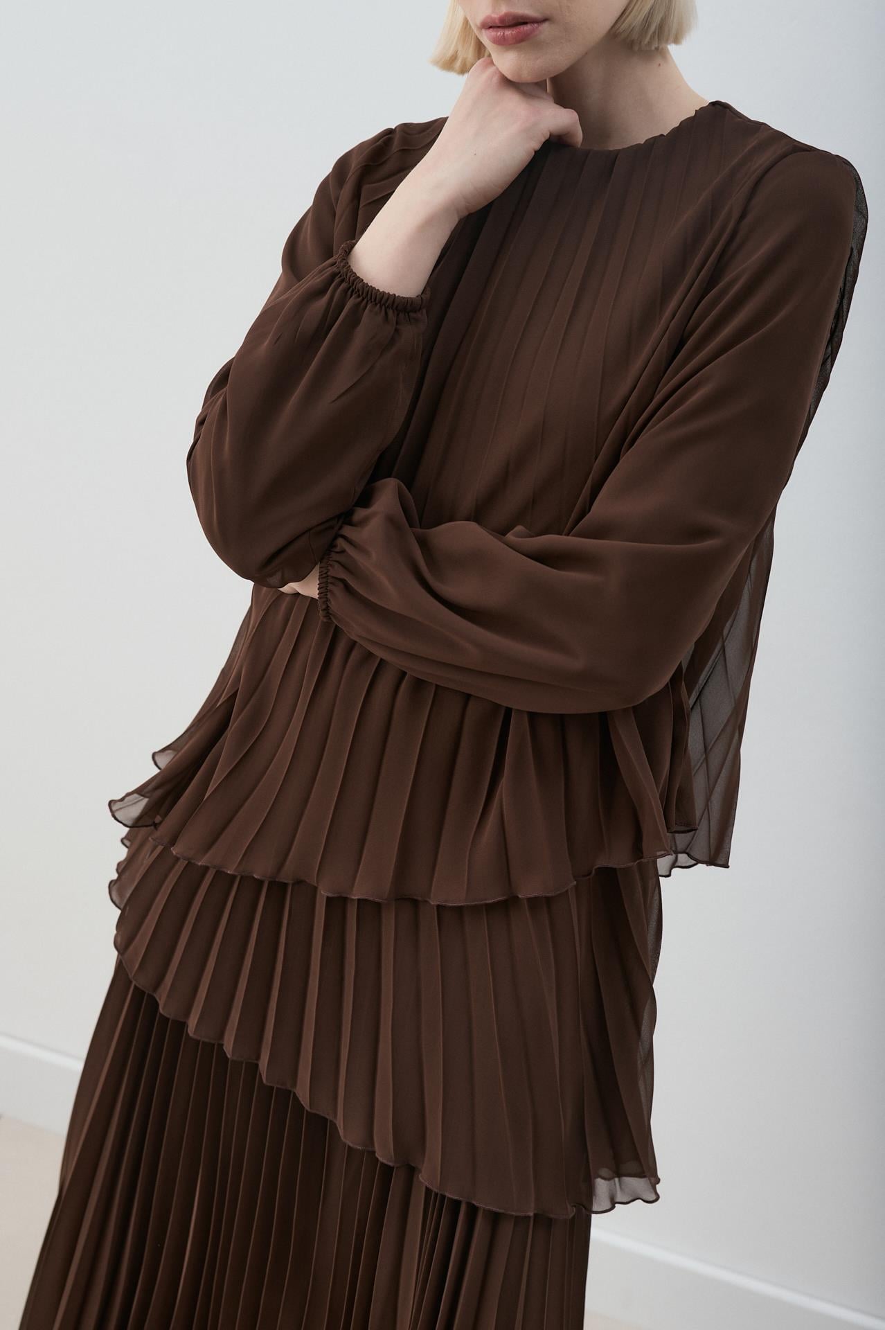 MİORİ VALERİN PLİSELİ ELBİSE ACI KAHVE