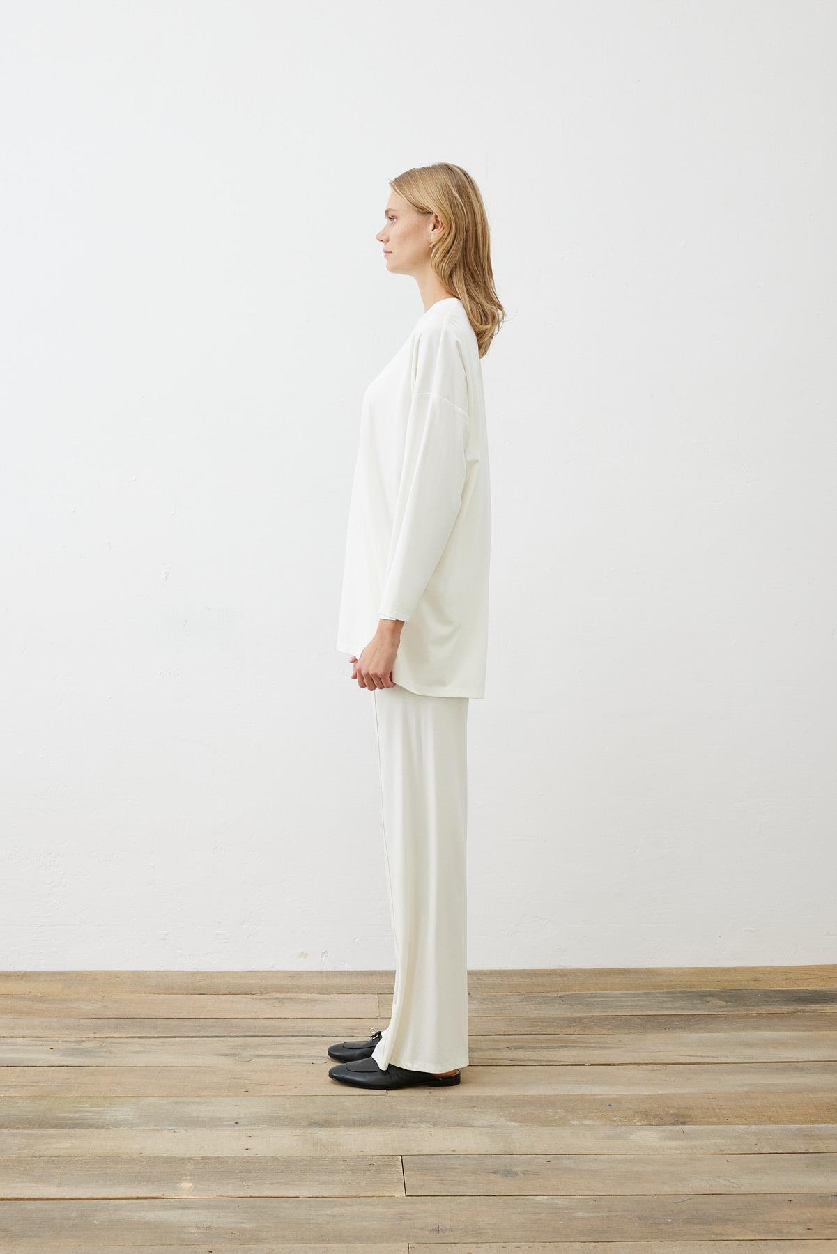 MODAL JERSEY LINE DETAILED PANTS SET ECRU