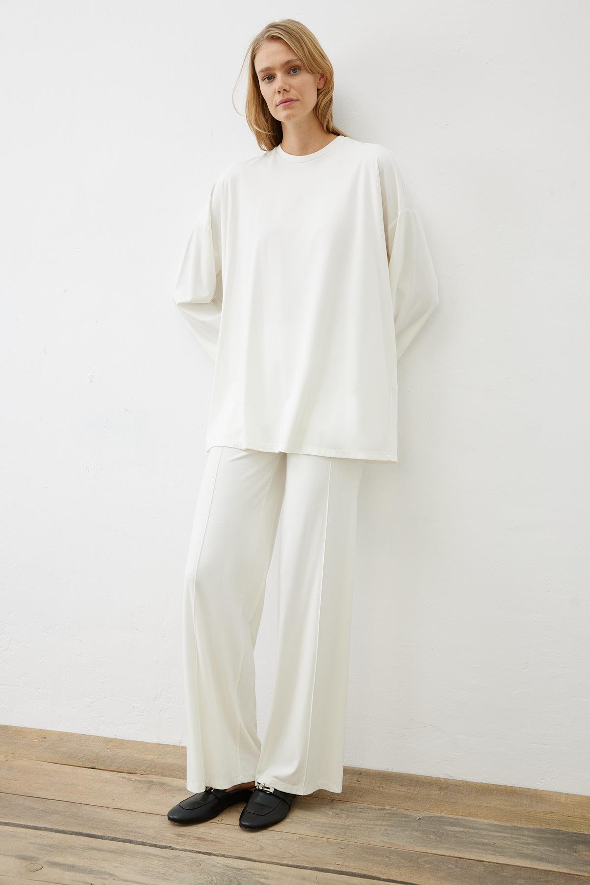 MODAL JERSEY LINE DETAILED PANTS SET ECRU