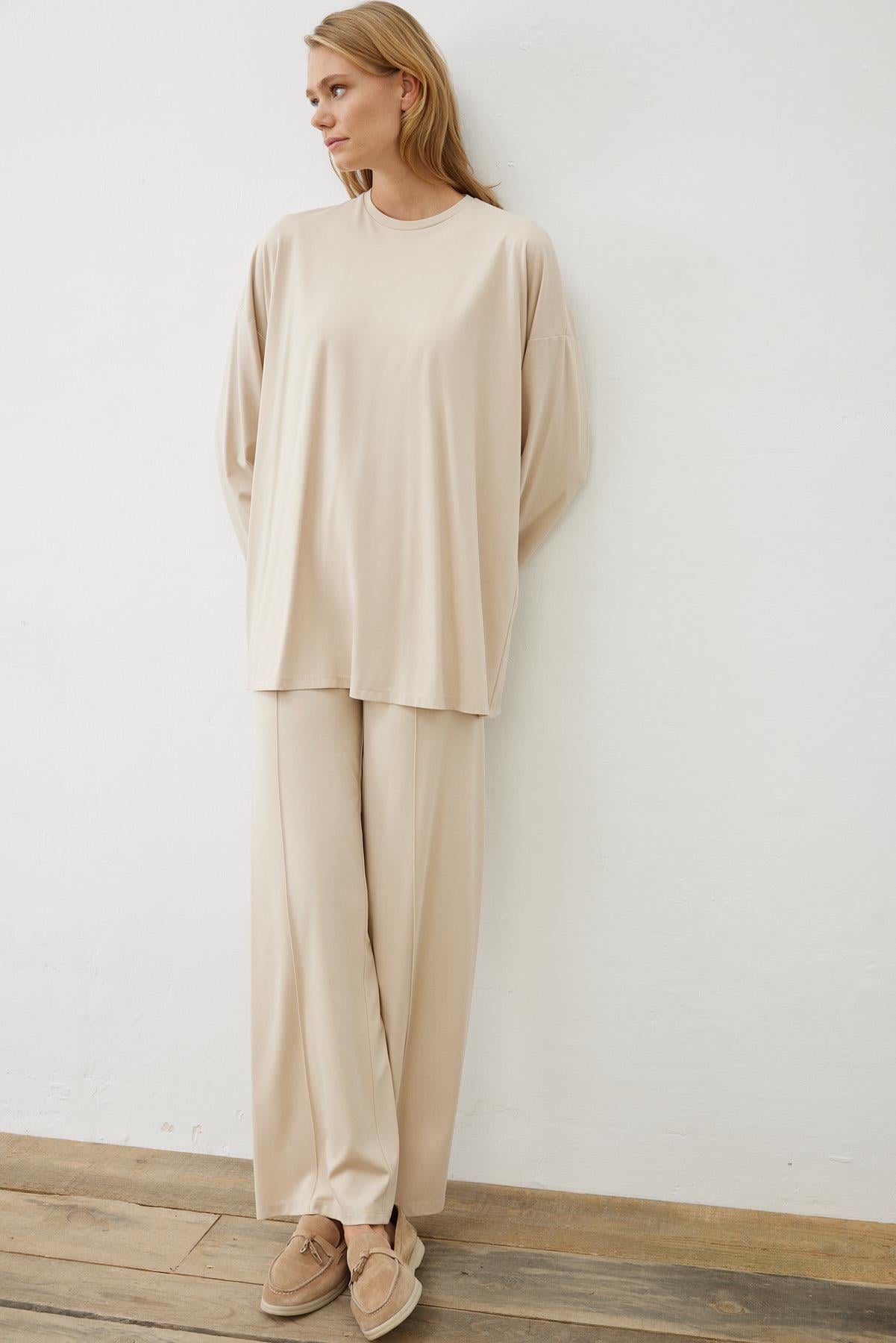 MODAL JERSEY LINE DETAILED PANTS SET BEIGE