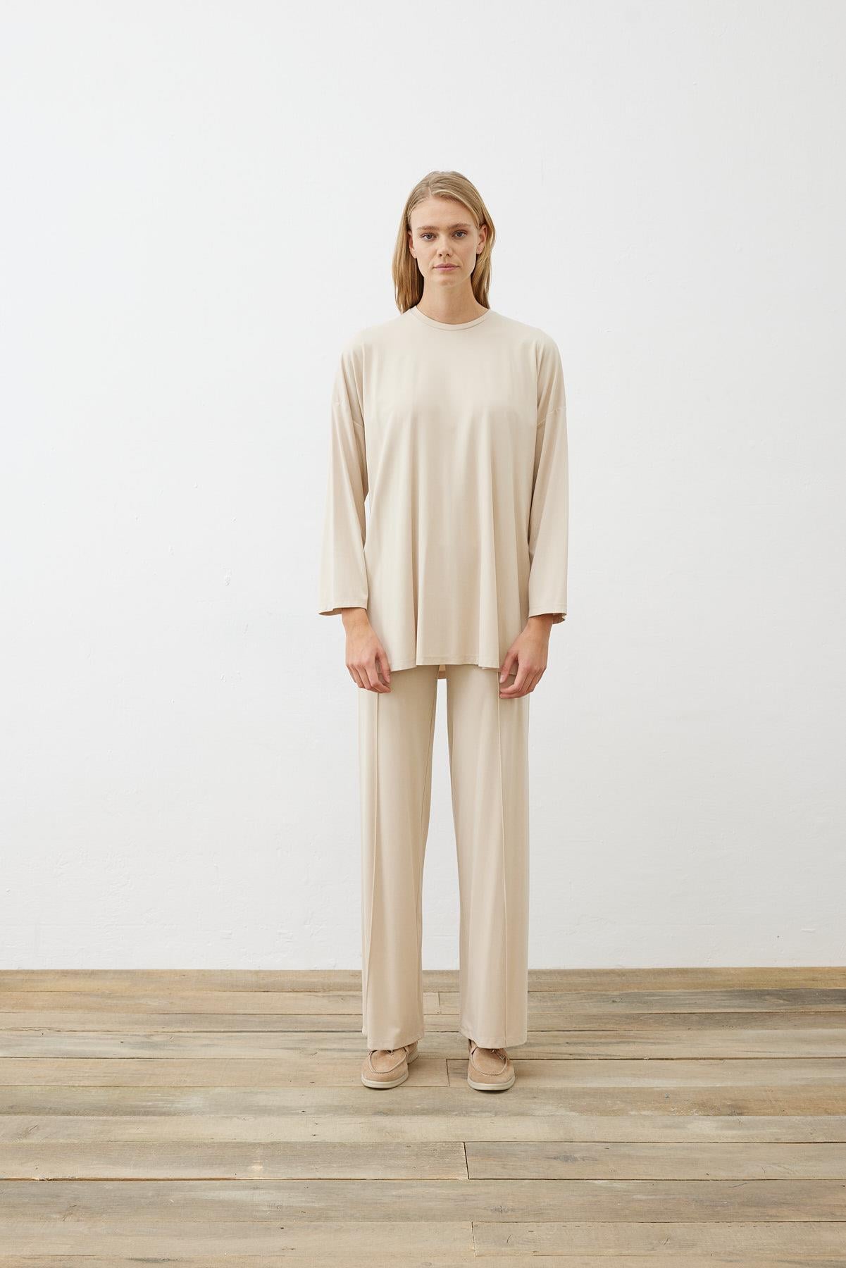 MODAL JERSEY LINE DETAILED PANTS SET BEIGE