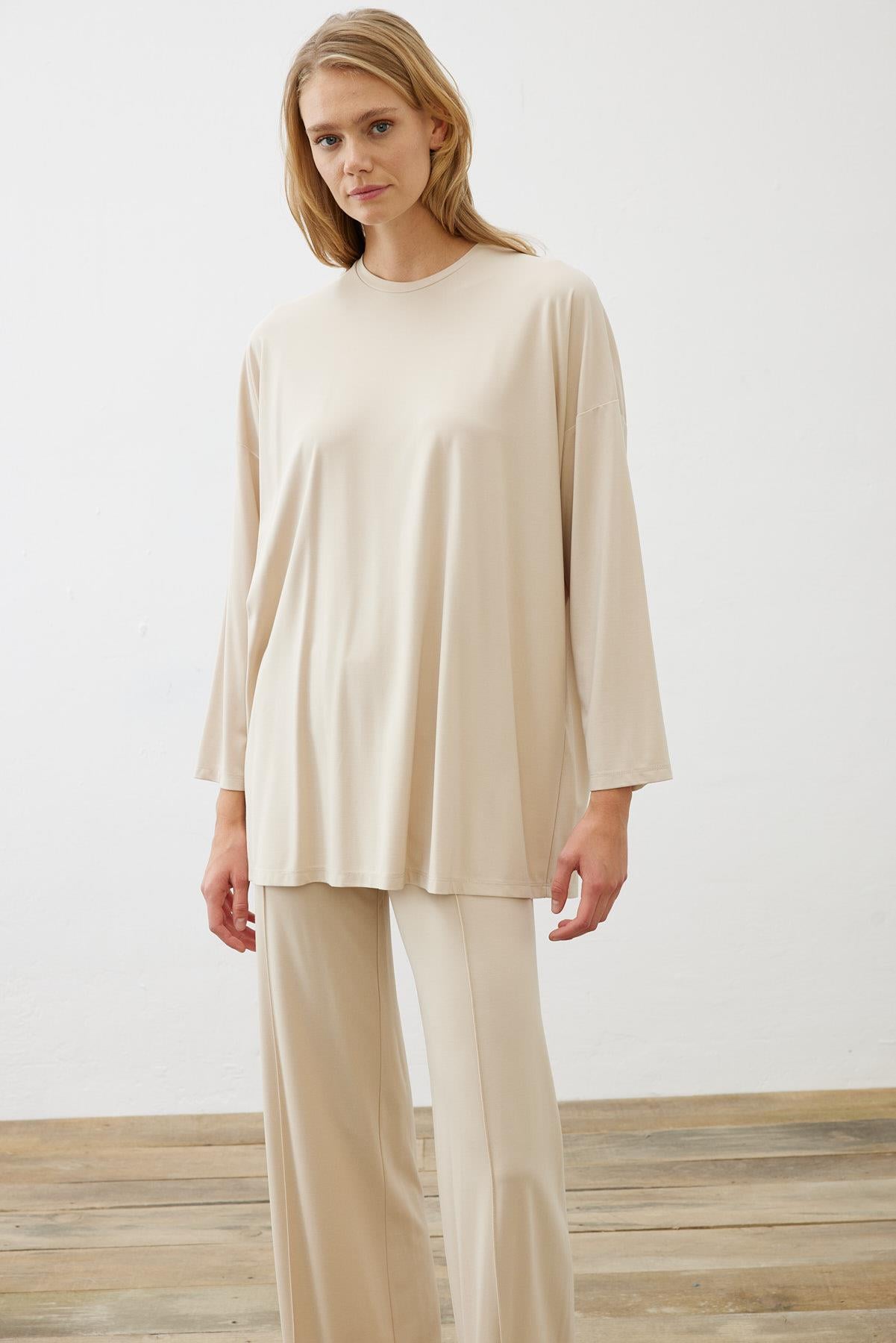 MODAL JERSEY LINE DETAILED PANTS SET BEIGE