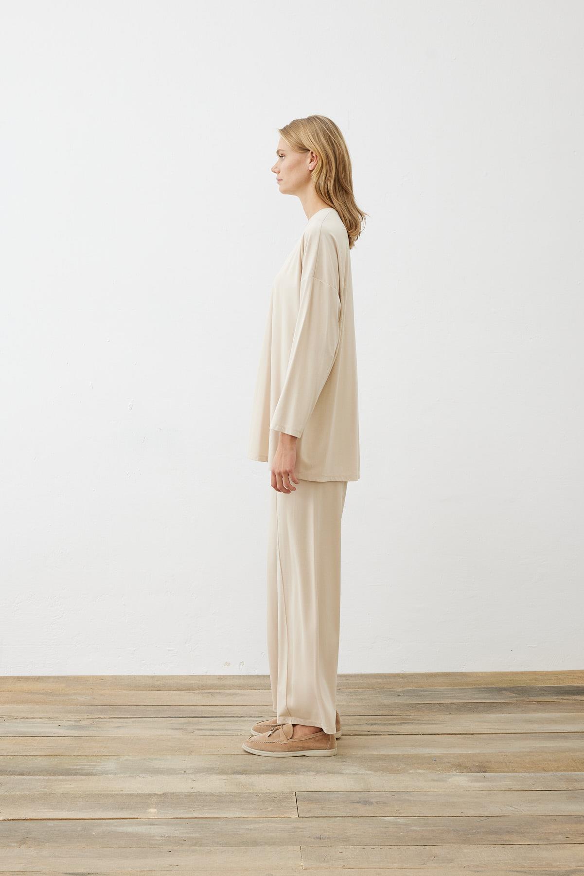 MODAL JERSEY LINE DETAILED PANTS SET BEIGE