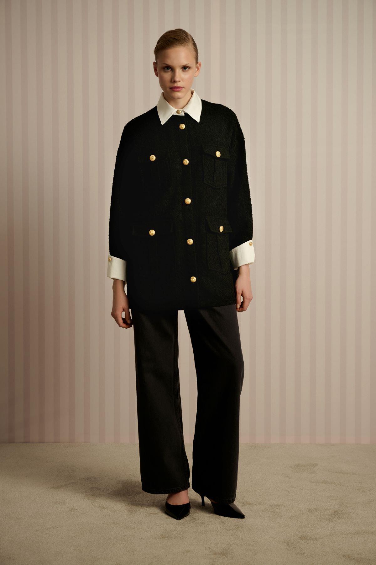 MOON SHIRT DETAIL TWEED JACKET BLACK