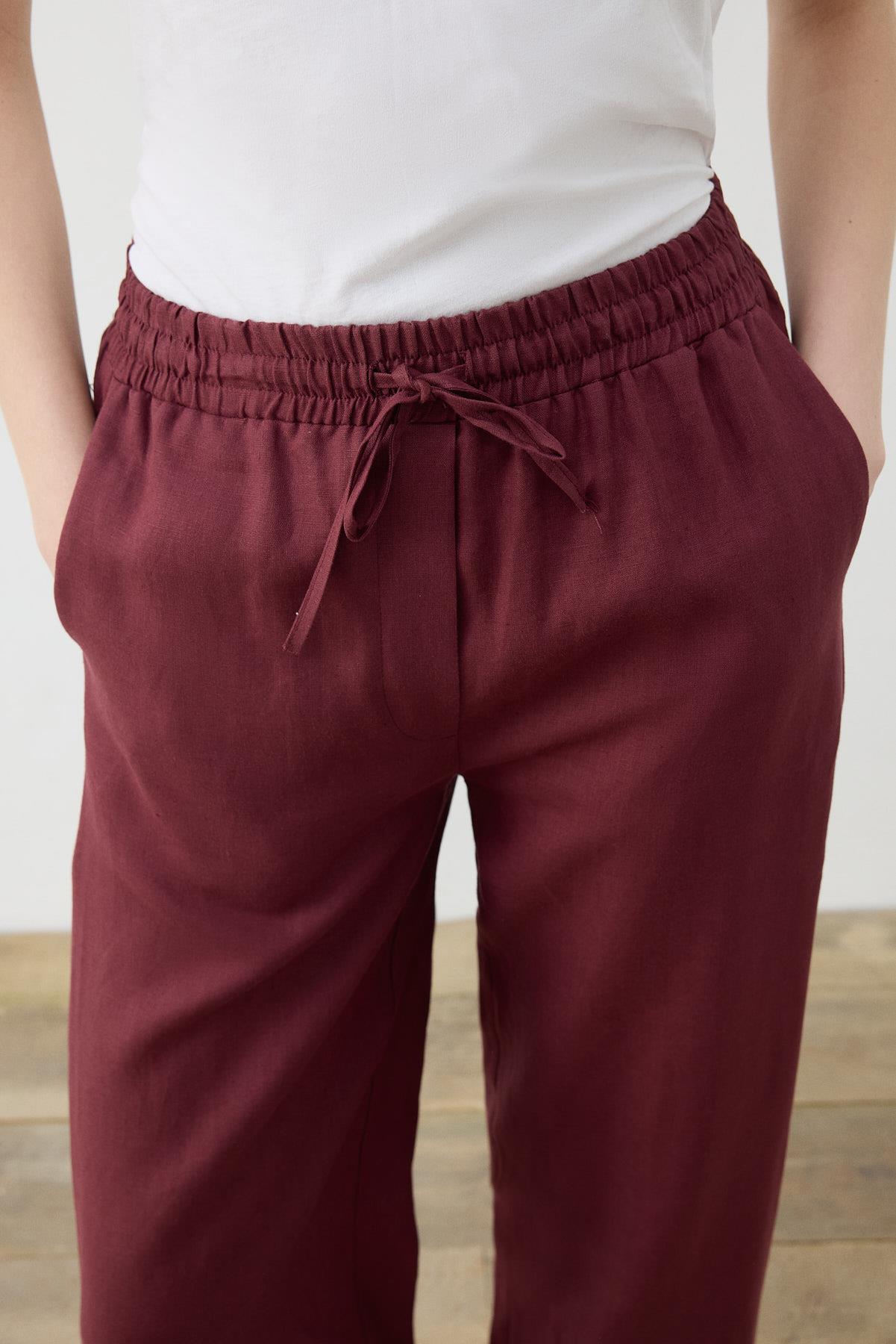 NATURAL %100 LINEN WIDE LEG PANTS BURGUNDY