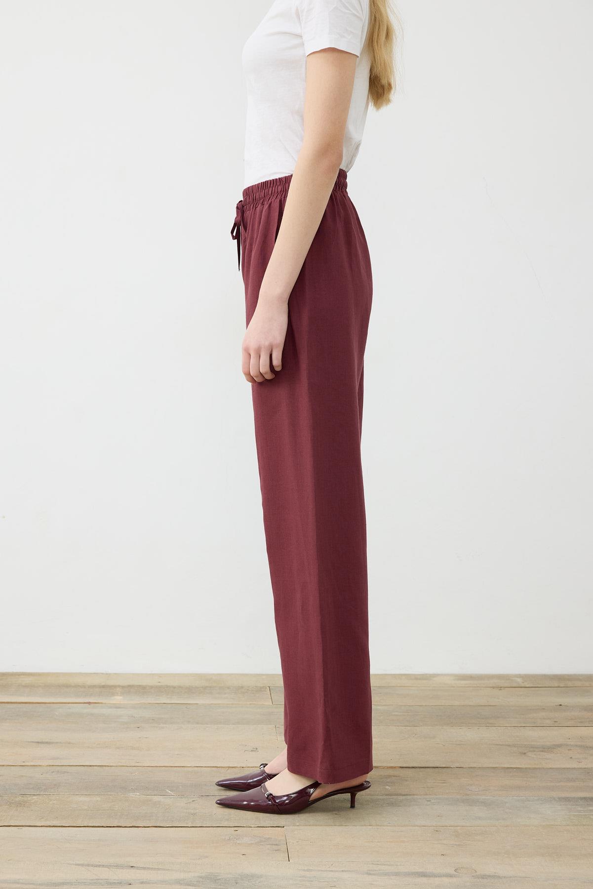 NATURAL %100 LINEN WIDE LEG PANTS BURGUNDY