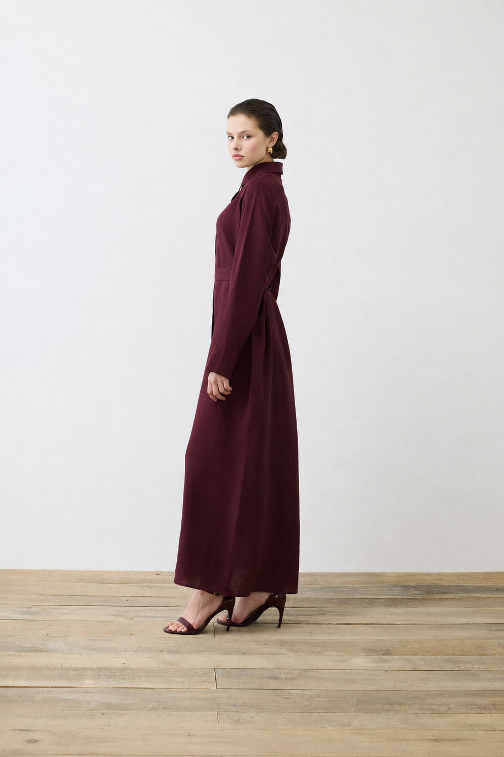 NATURAL %100 KETEN GÖMLEK ELBİSE BORDO