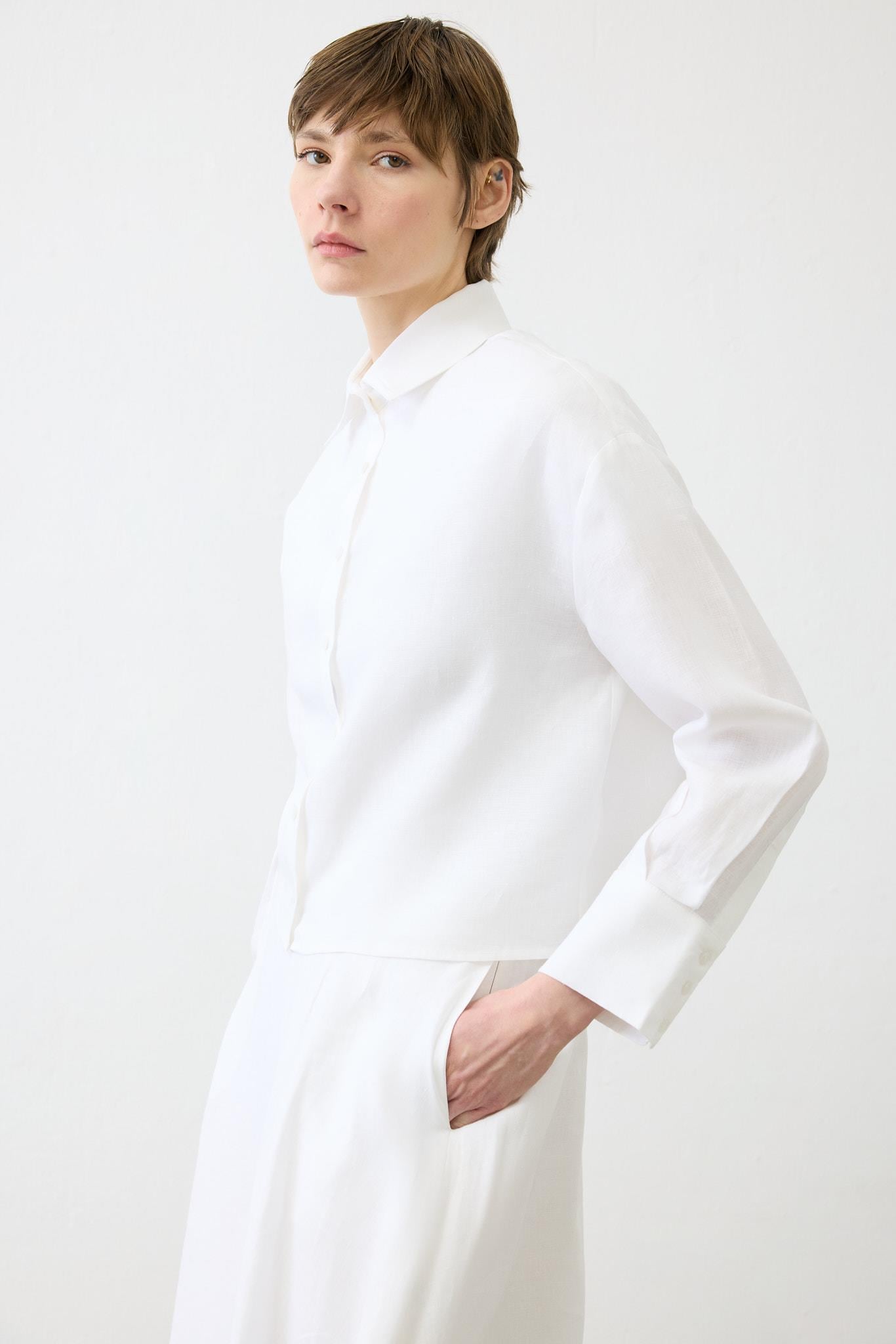 NATURAL %100 LINEN CROPPED SHIRT WHITE