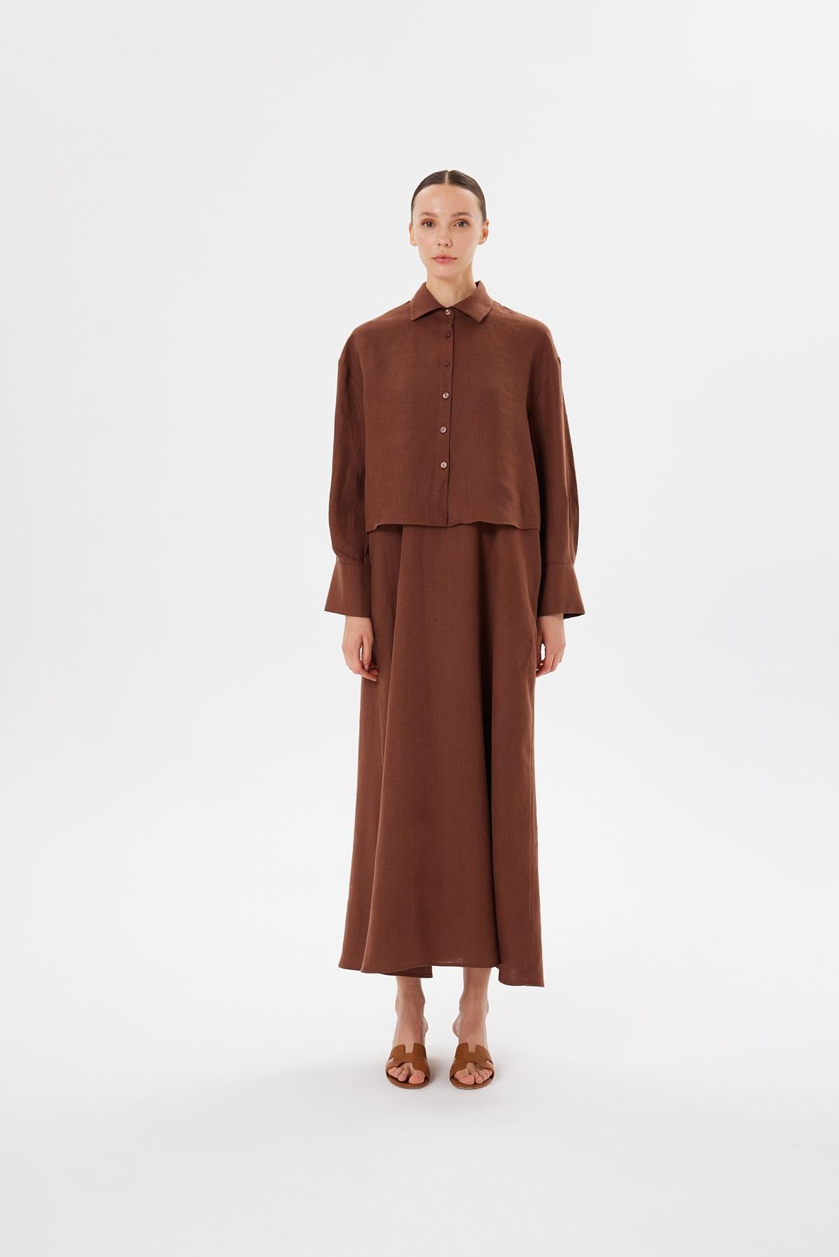 NATURAL %100 LINEN CROPPED SHIRT BROWN