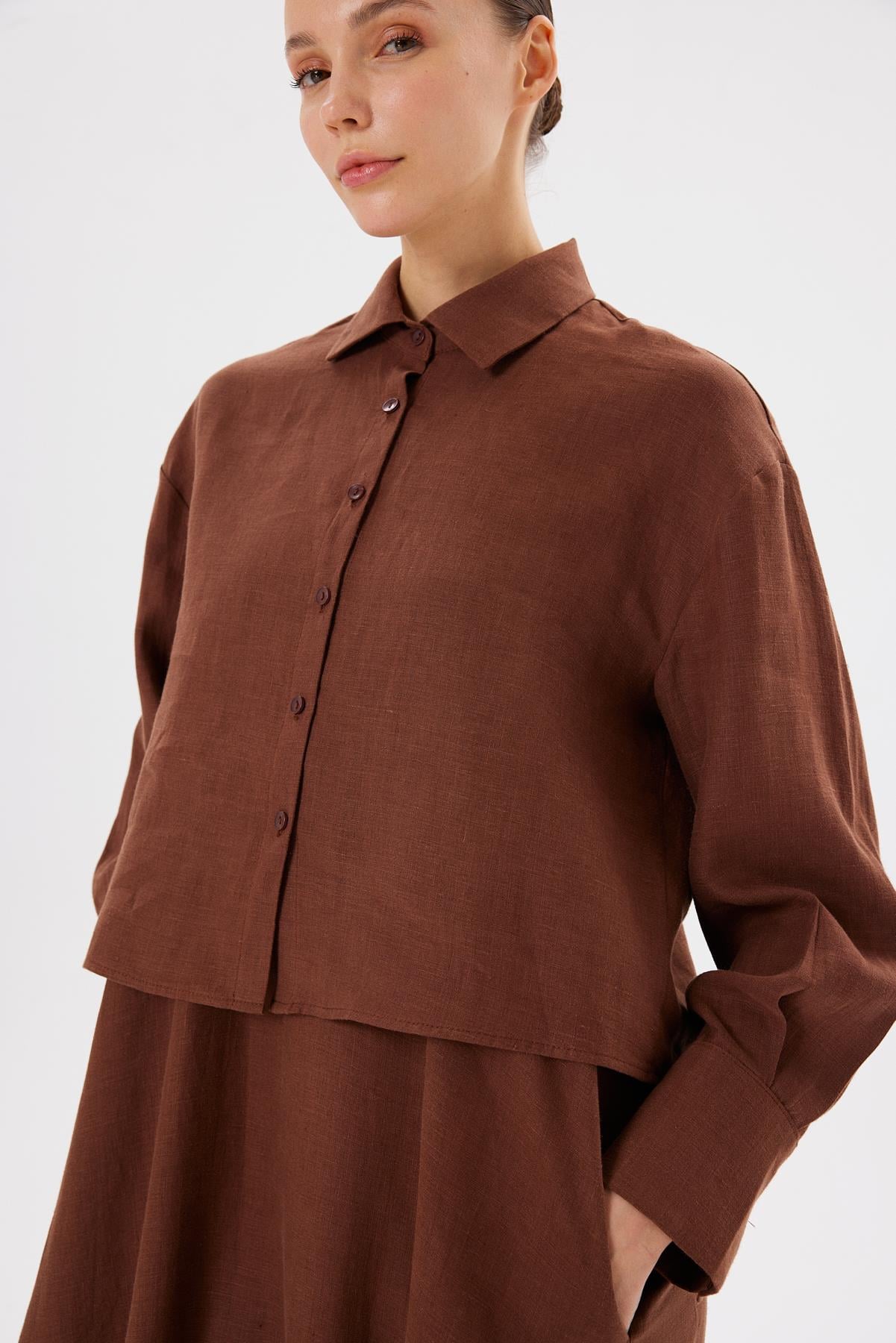 NATURAL %100 LINEN CROPPED SHIRT BROWN