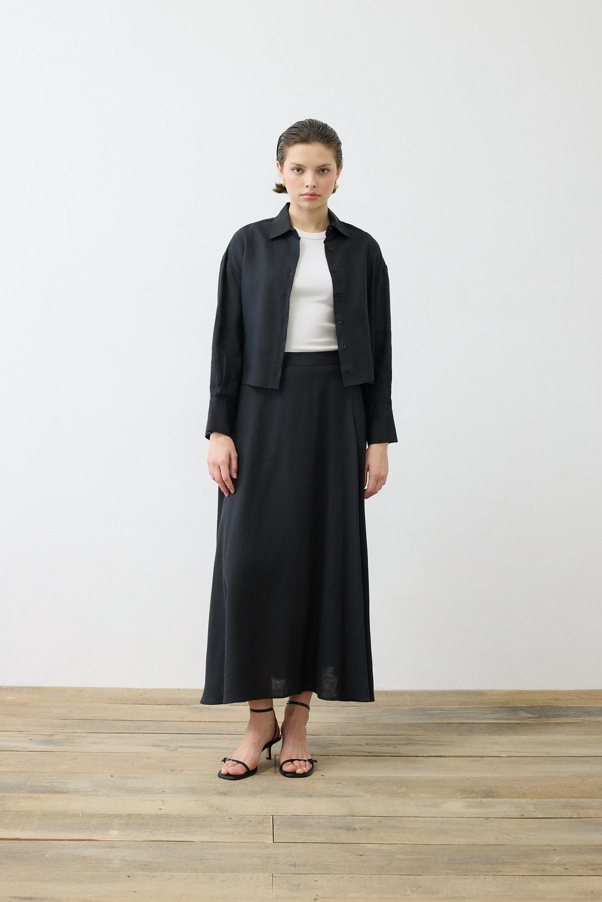 NATURAL %100 LINEN CROPPED SHIRT BLACK