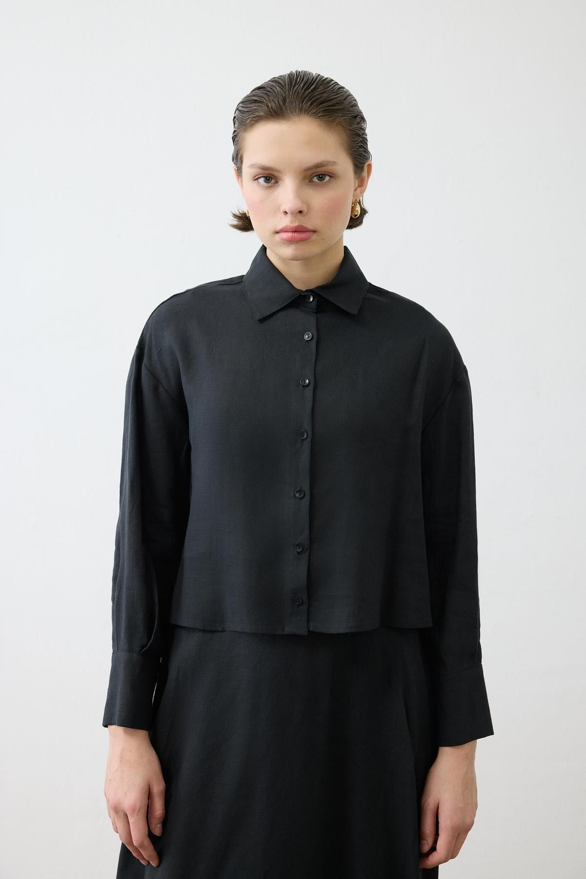 NATURAL %100 LINEN CROPPED SHIRT BLACK