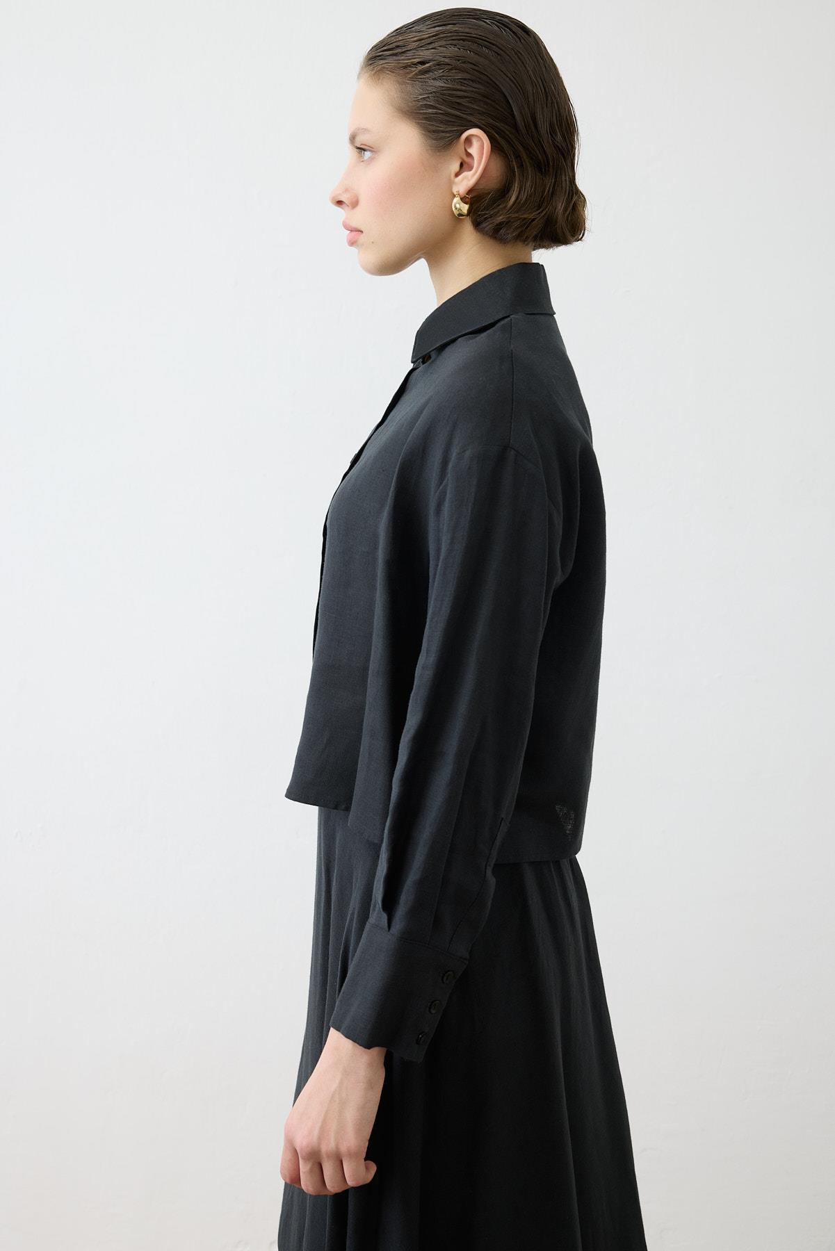 NATURAL %100 LINEN CROPPED SHIRT BLACK
