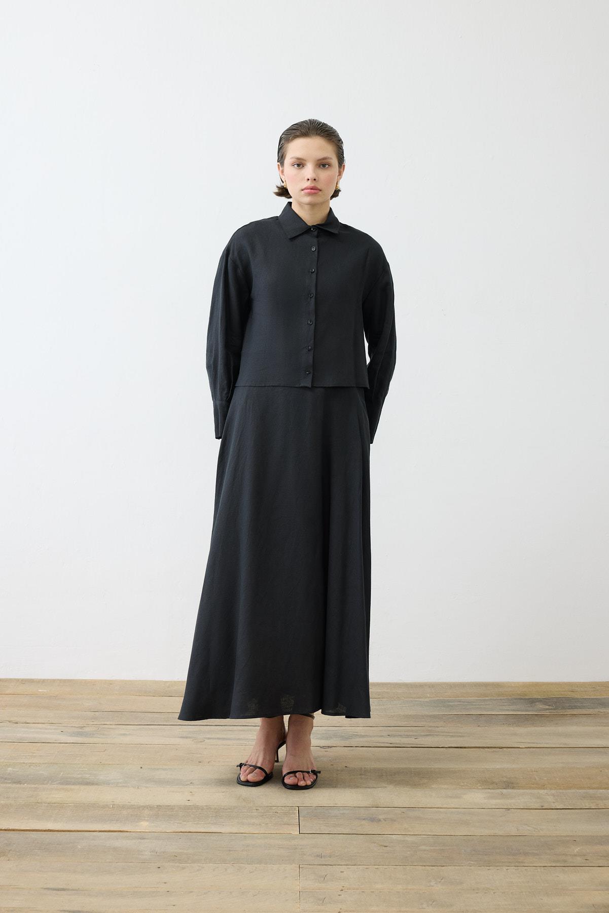 NATURAL %100 LINEN CROPPED SHIRT BLACK