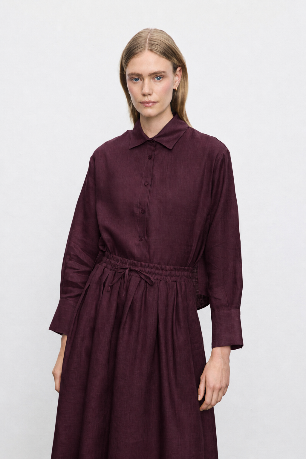 NATURAL 100% LINEN ELASTIC WAIST SKIRT SET BURGUNDY