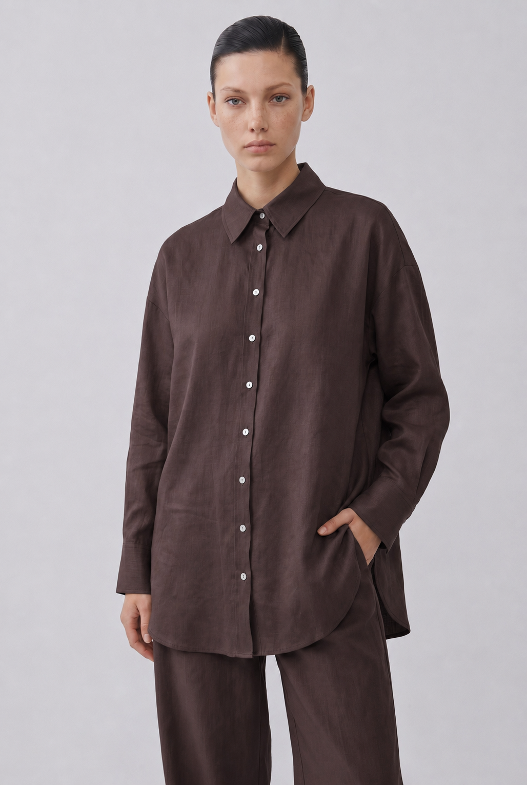 NATURAL %100 KETEN PANTOLONLU TAKIM ACI KAHVE