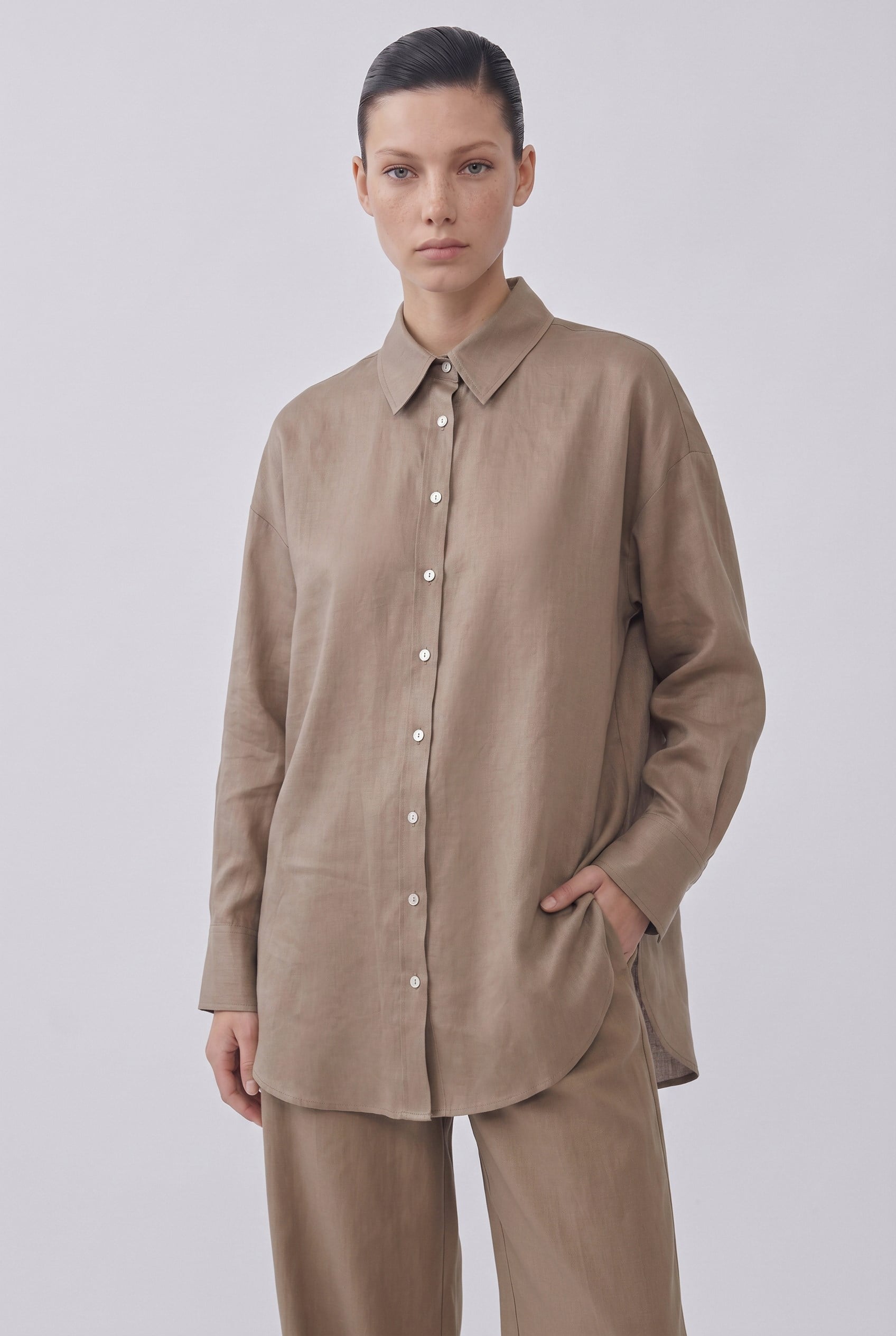 NATURAL %100 LINEN PANTS SET ETOUPE