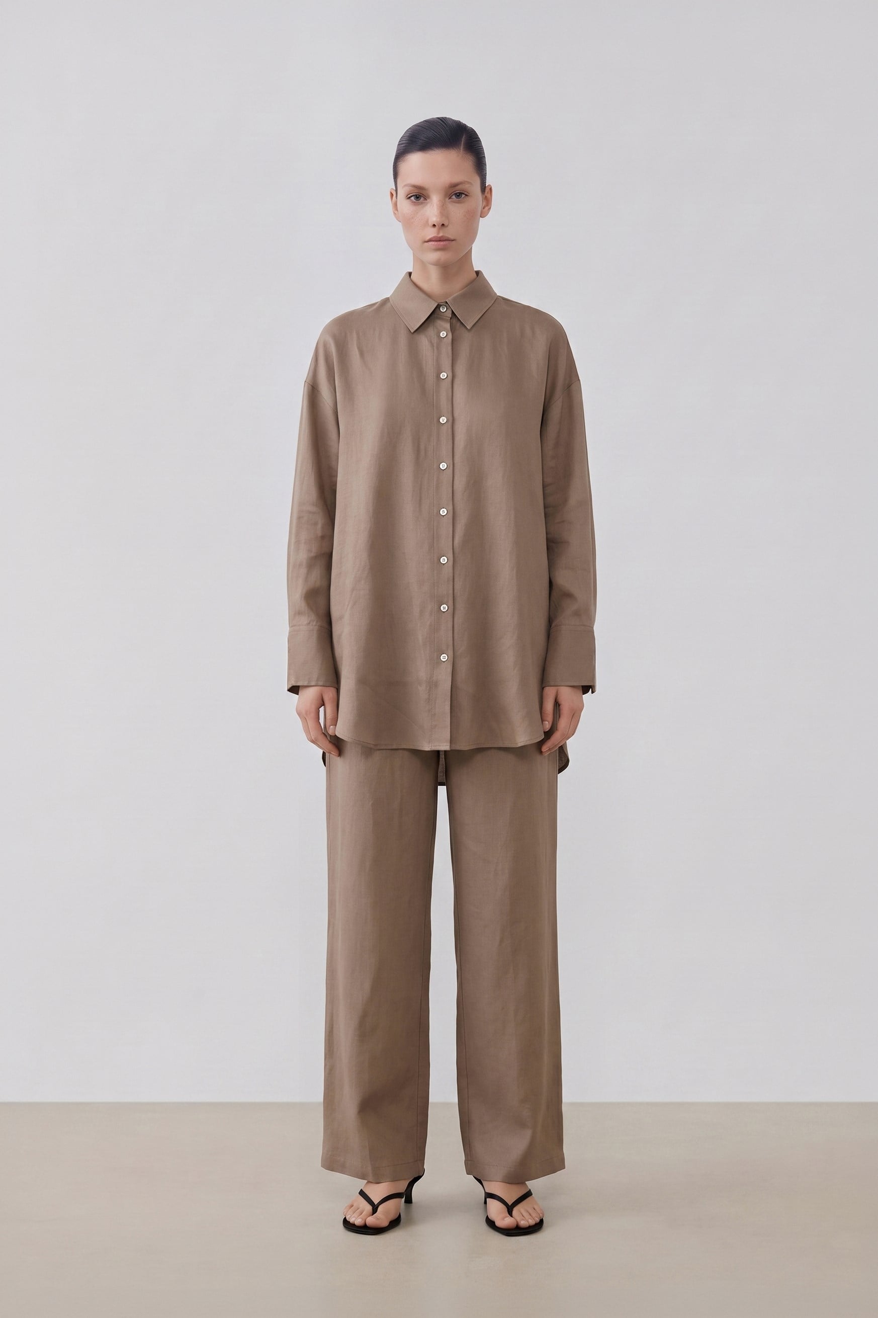 NATURAL %100 LINEN PANTS SET ETOUPE