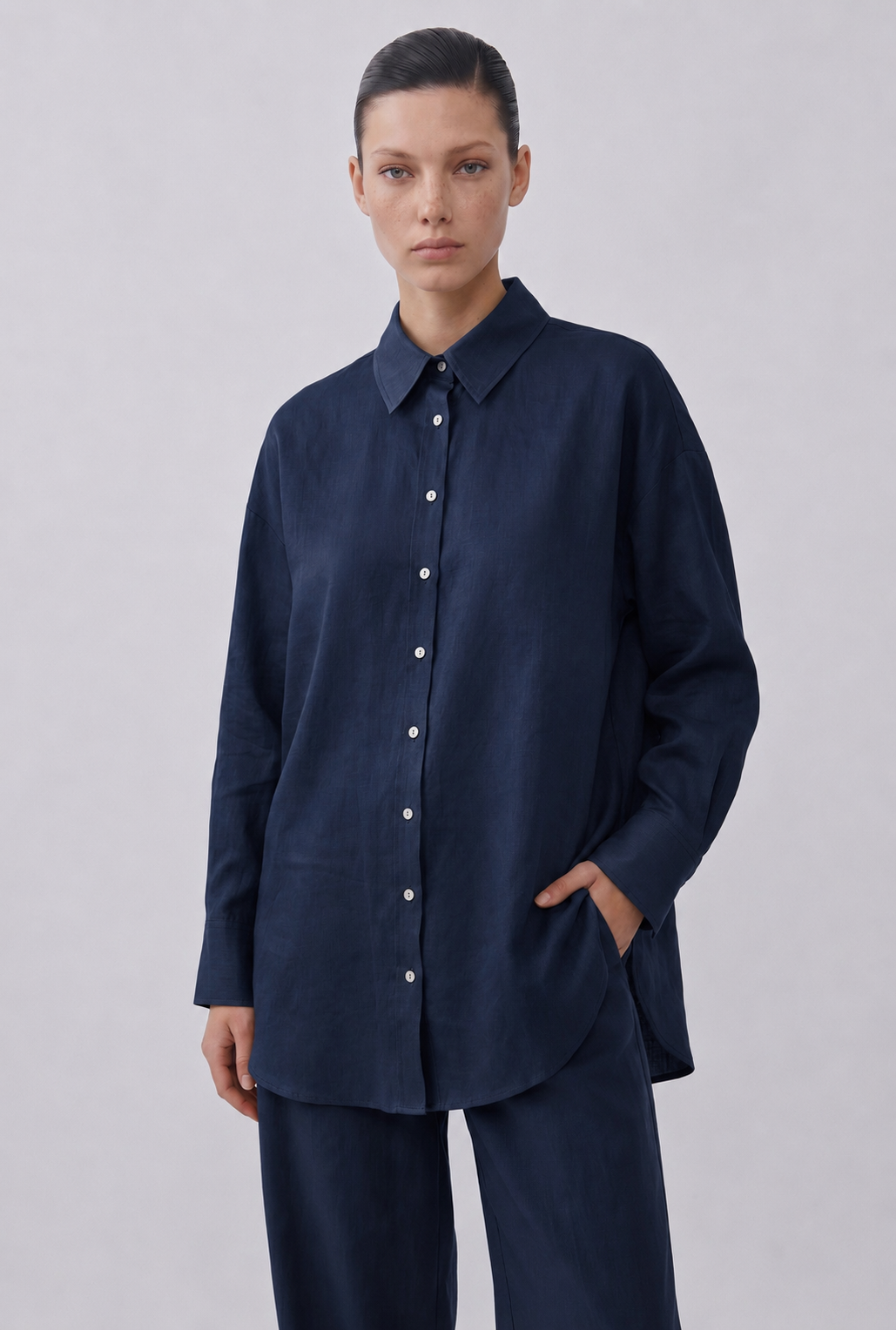 NATURAL %100 KETEN PANTOLONLU TAKIM LACİVERT