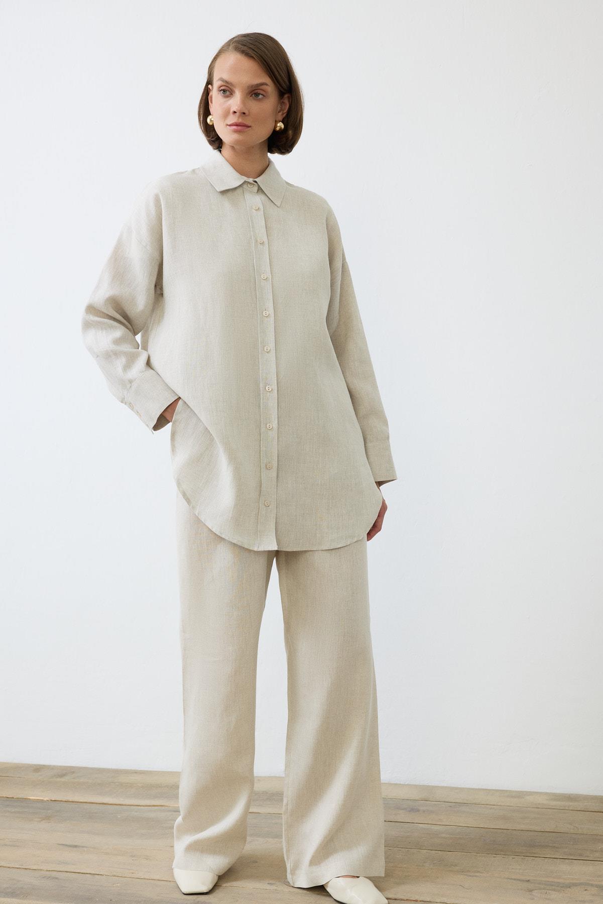 NATURAL %100 LINEN PANTS SET NATURAL