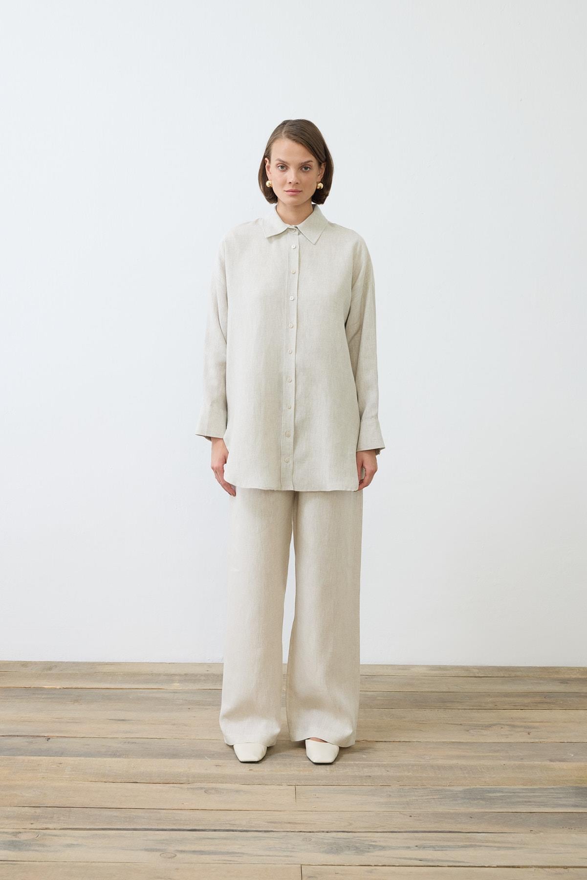 NATURAL %100 LINEN PANTS SET NATURAL