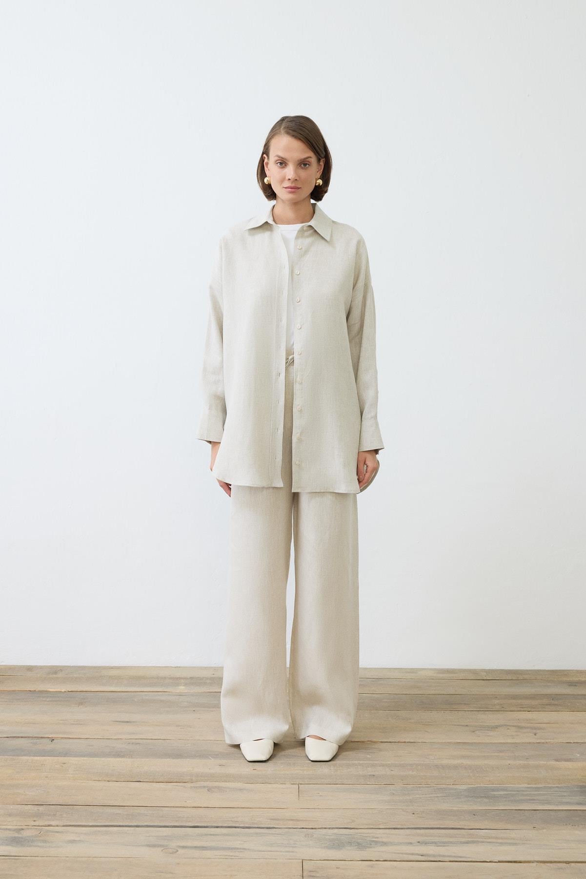 NATURAL %100 LINEN PANTS SET NATURAL
