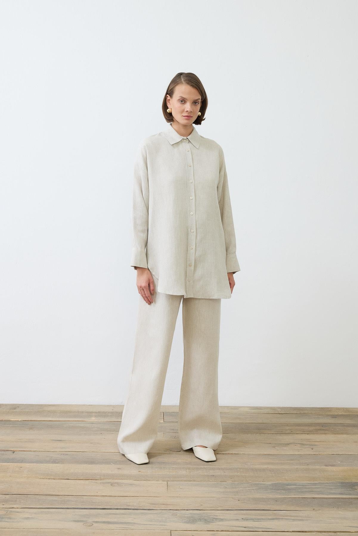 NATURAL %100 LINEN PANTS SET NATURAL