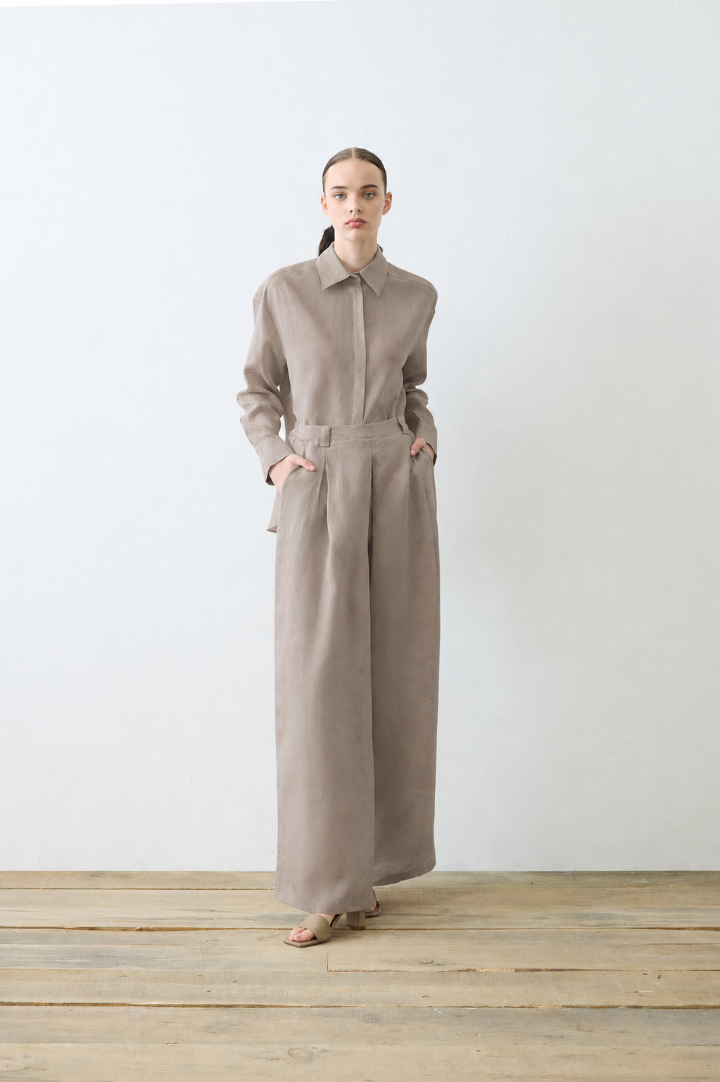 NATURAL %100 KETEN PİLE DETAYLI PANTOLON TAKIM ETUP