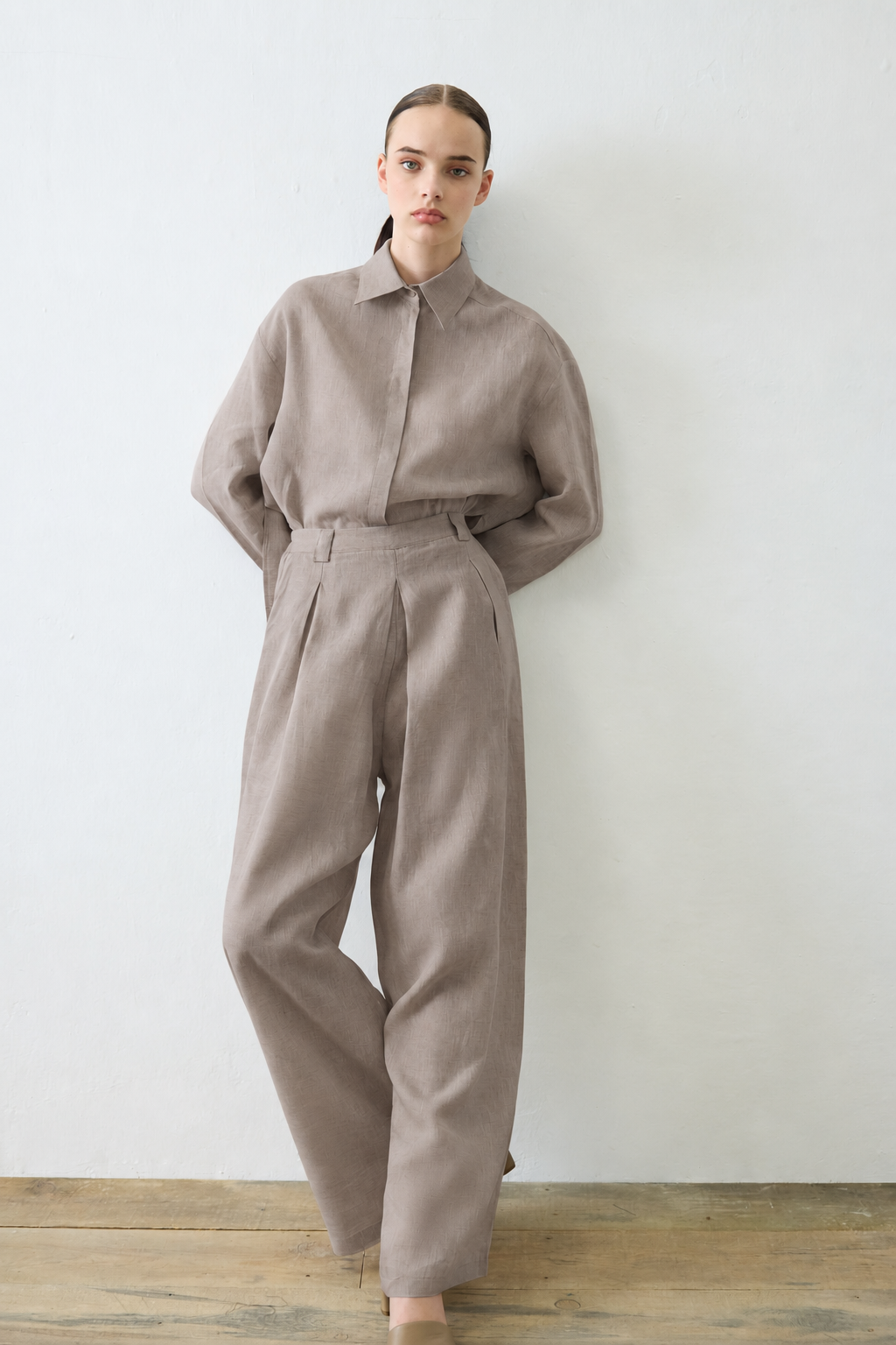 NATURAL %100 KETEN PİLE DETAYLI PANTOLON TAKIM ETUP
