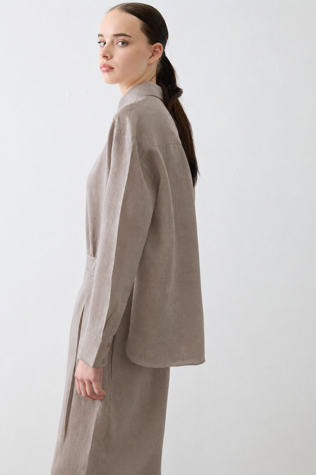 NATURAL %100 KETEN PİLE DETAYLI PANTOLON TAKIM ETUP