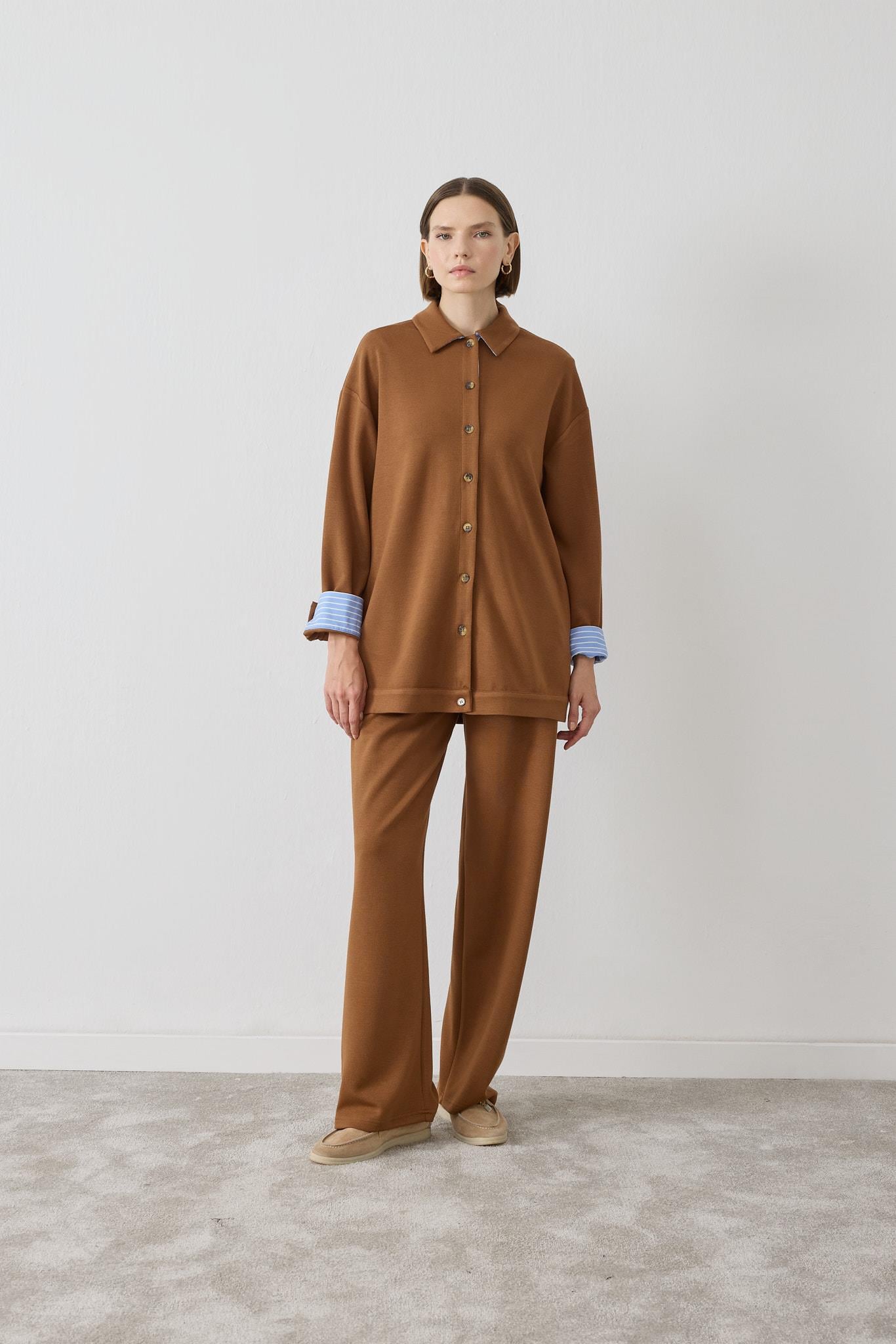 NEVA STRIPE DETAIL KNIT PANTS SET CAMEL