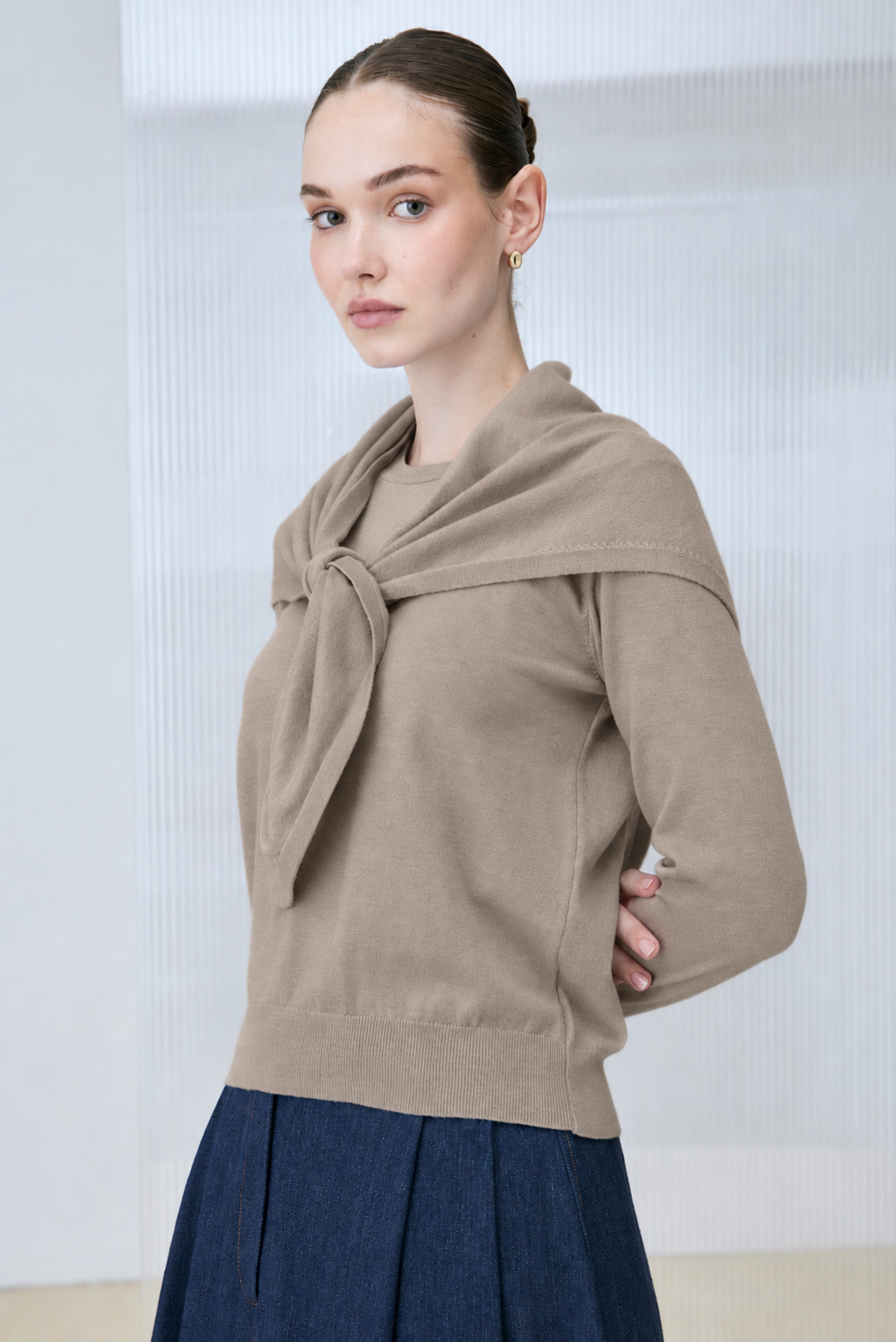 NORA SHAWL DETAILED VISCOSE KNITWEAR SWEATER BEIGE