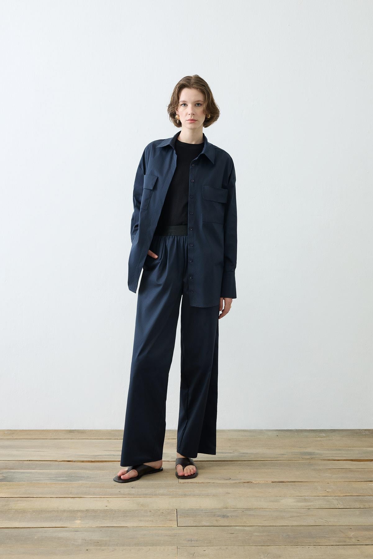 NOVA PAPER TOUCH COTTON SHIRT WITH POCKETS NAVY BLUE