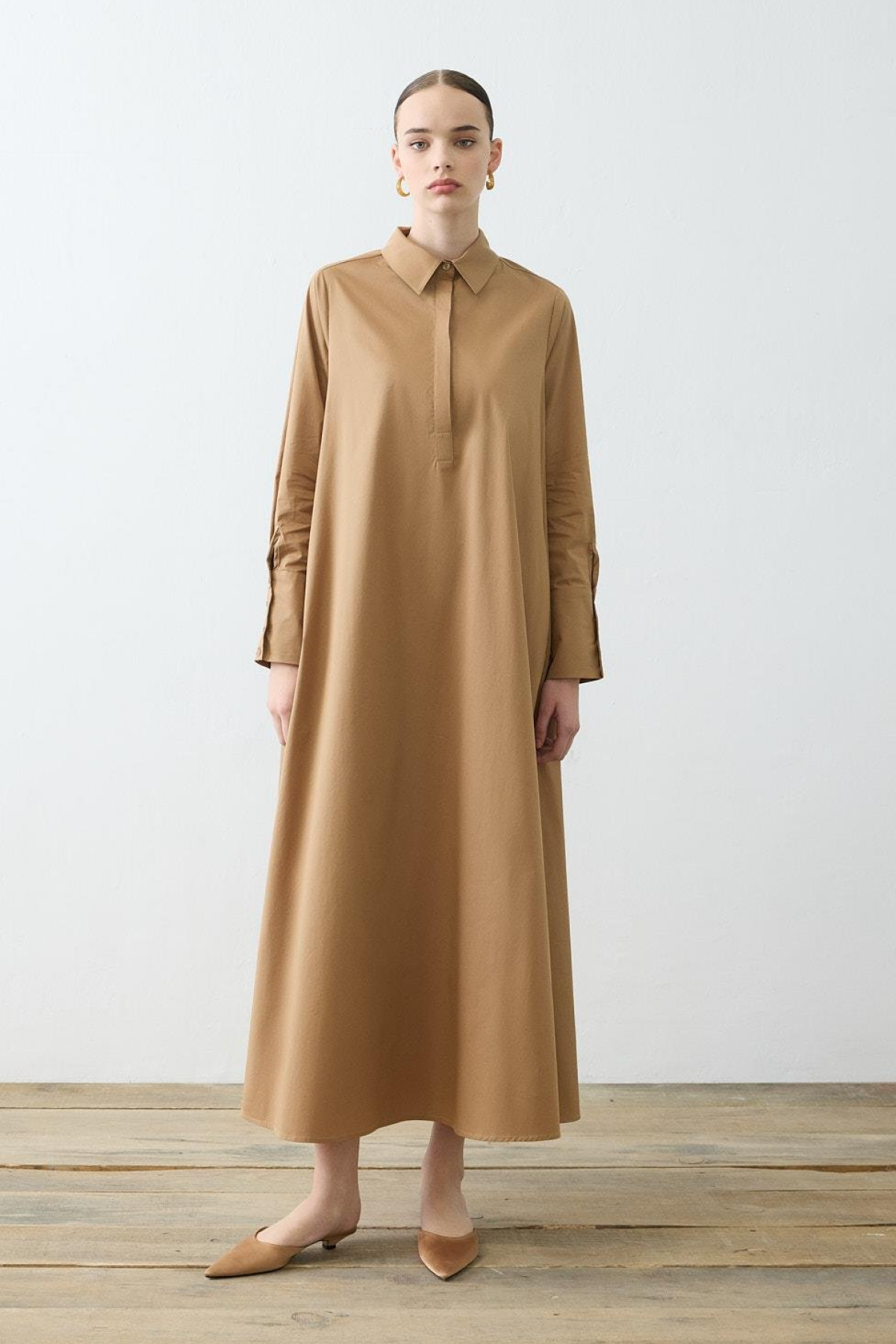 NOVA PAPER TOUCH POPLIN LOOSE FIT DRESS CAMEL