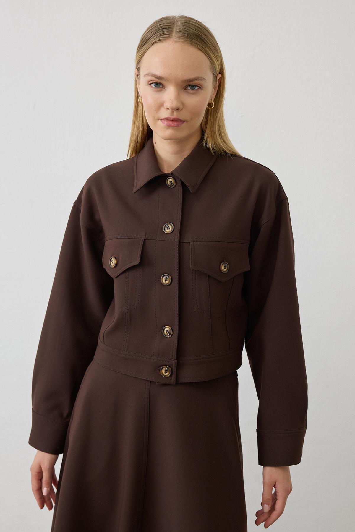 PARIS STITCH DETAILED JACKET SKIRT SET BROWN
