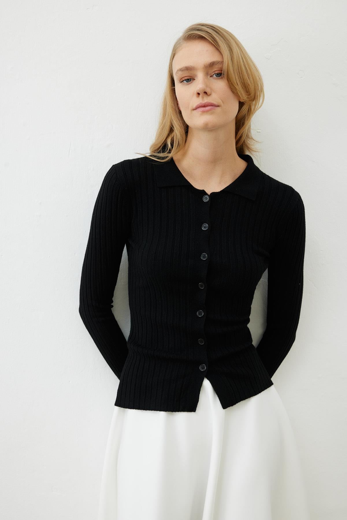 PREMIUM SELECTION COLLARED KNIT CARDIGAN BLACK