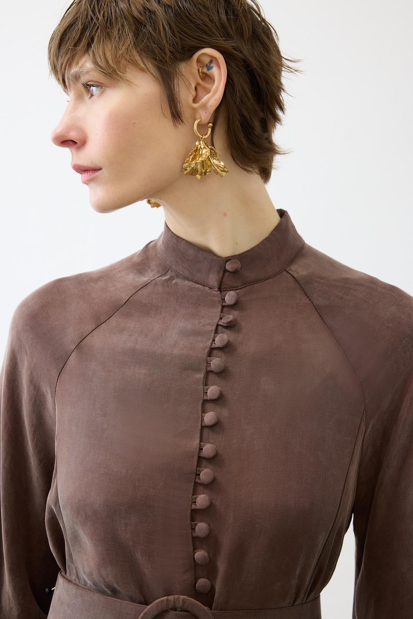 PRIME WASHED SILK BUTTONED BELT DRESS BROWN