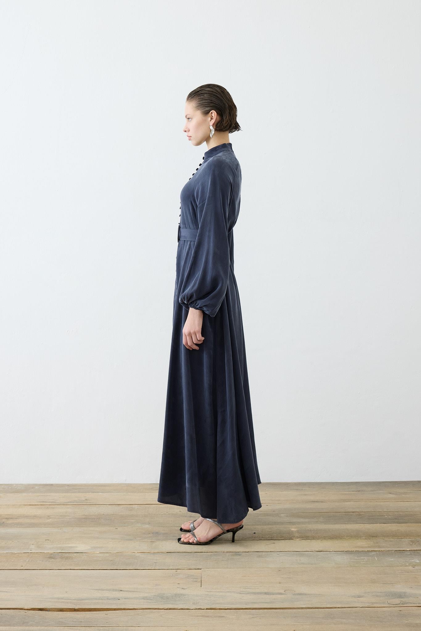 PRIME WASHED SILK BRIT BUTTONED DRESS NAVY BLUE