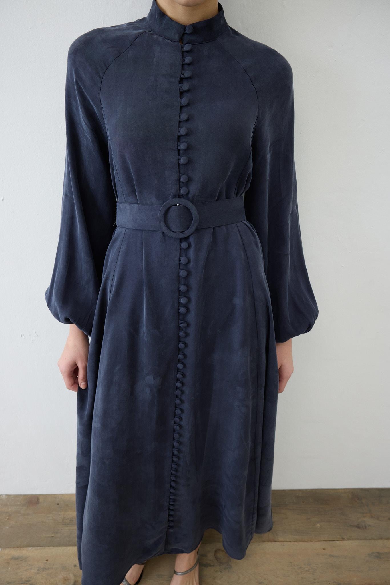 PRIME WASHED SILK BRIT BUTTONED DRESS NAVY BLUE