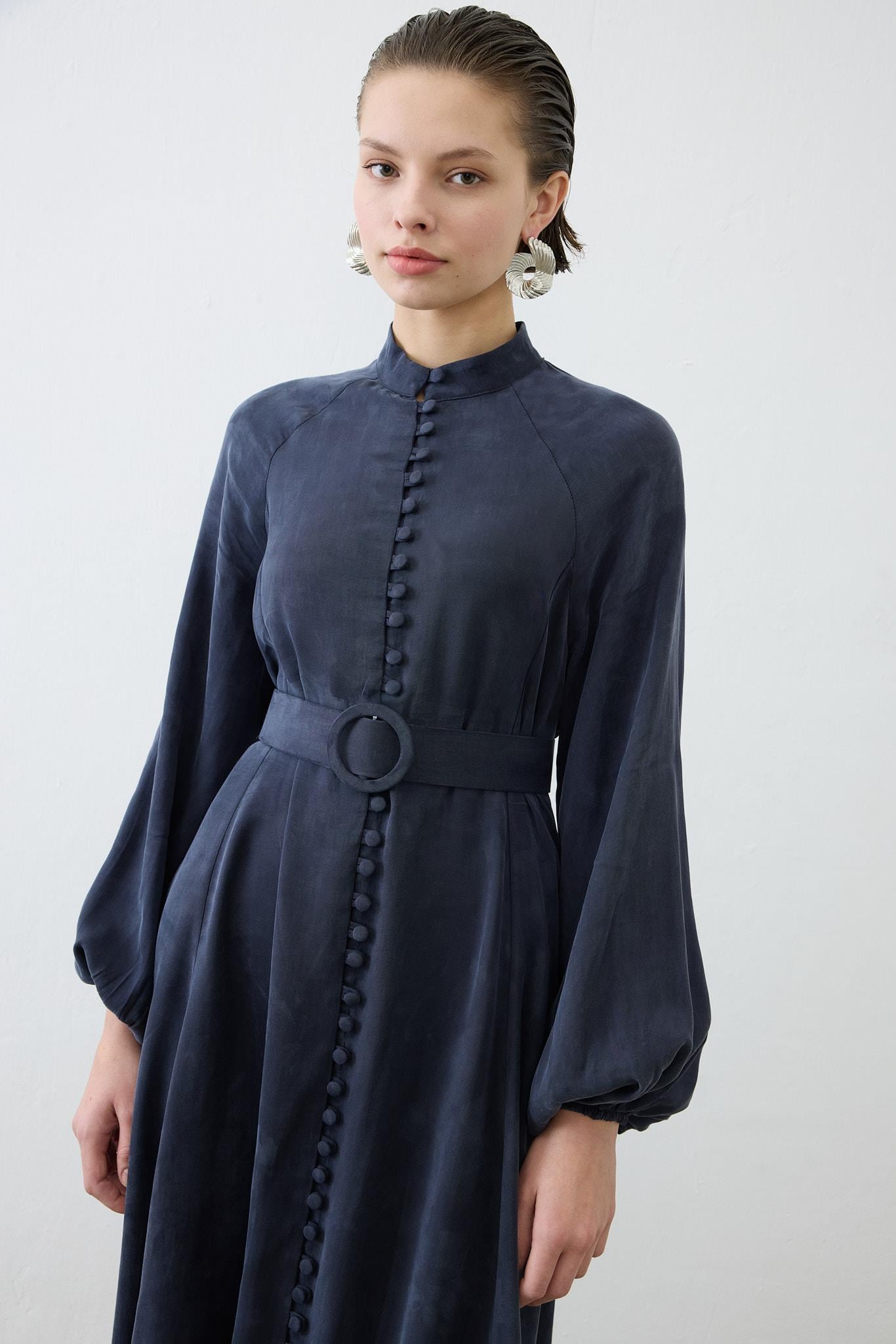 PRIME WASHED SILK BRIT BUTTONED DRESS NAVY BLUE